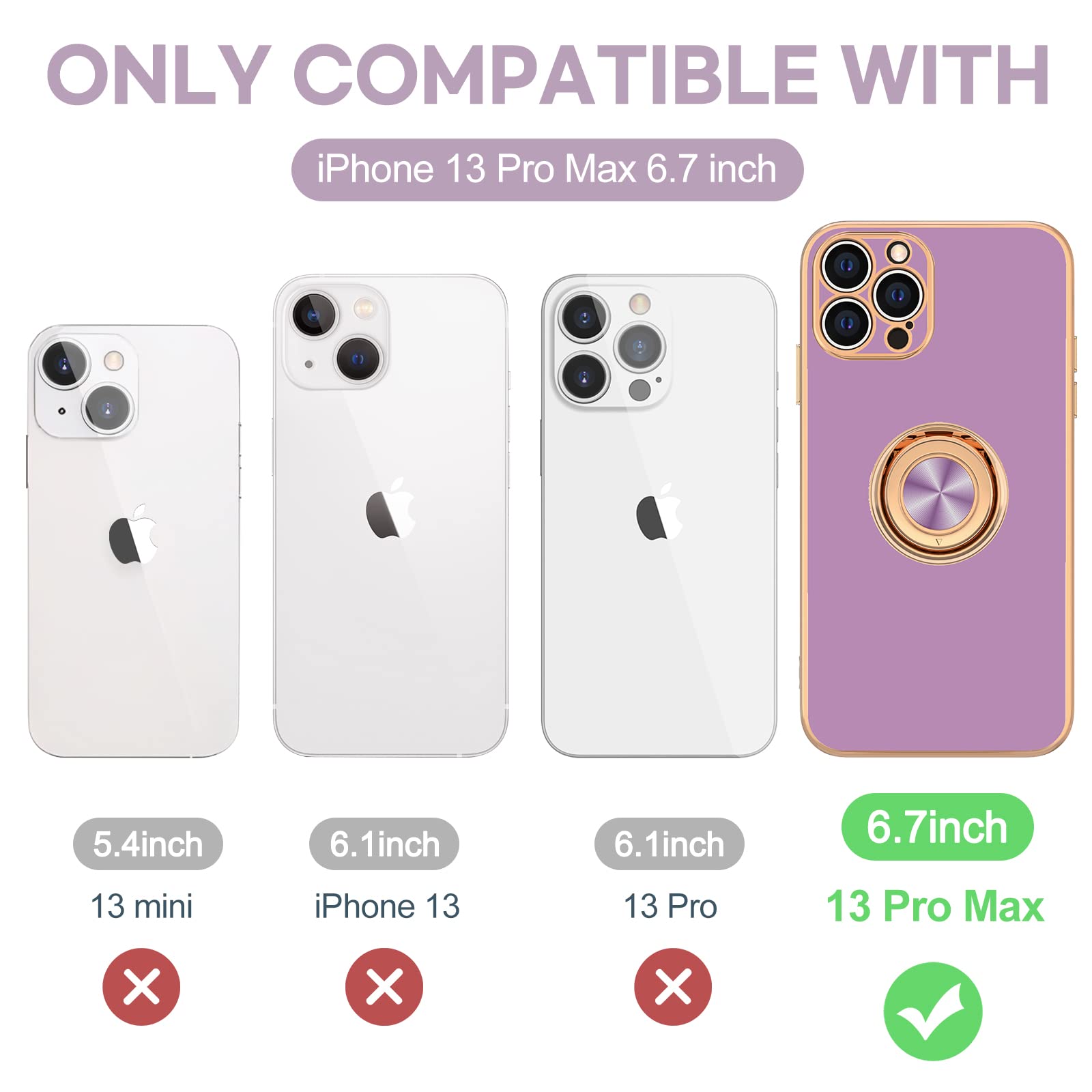 360° Rotatable Magnetic Ring Stand Case for iPhone 13 Pro Max - Rose Gold Plated Edge, Slim Soft TPU Protective Cover (Purple) | Perfect for Hands-Free Viewing, Secure Grip & Everyday Protection