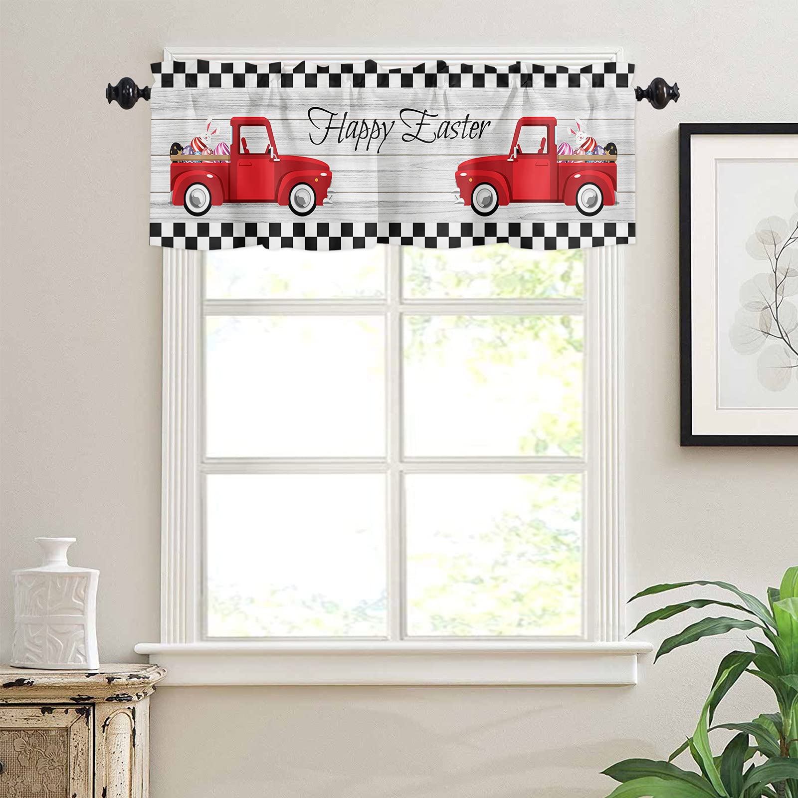 Easter Red Car Valance Curtains for Windows - Rod Pocket Drape Panel for Living Room, Bedroom, Kitchen - 54x18 Inches - Perfect for Spring Decor