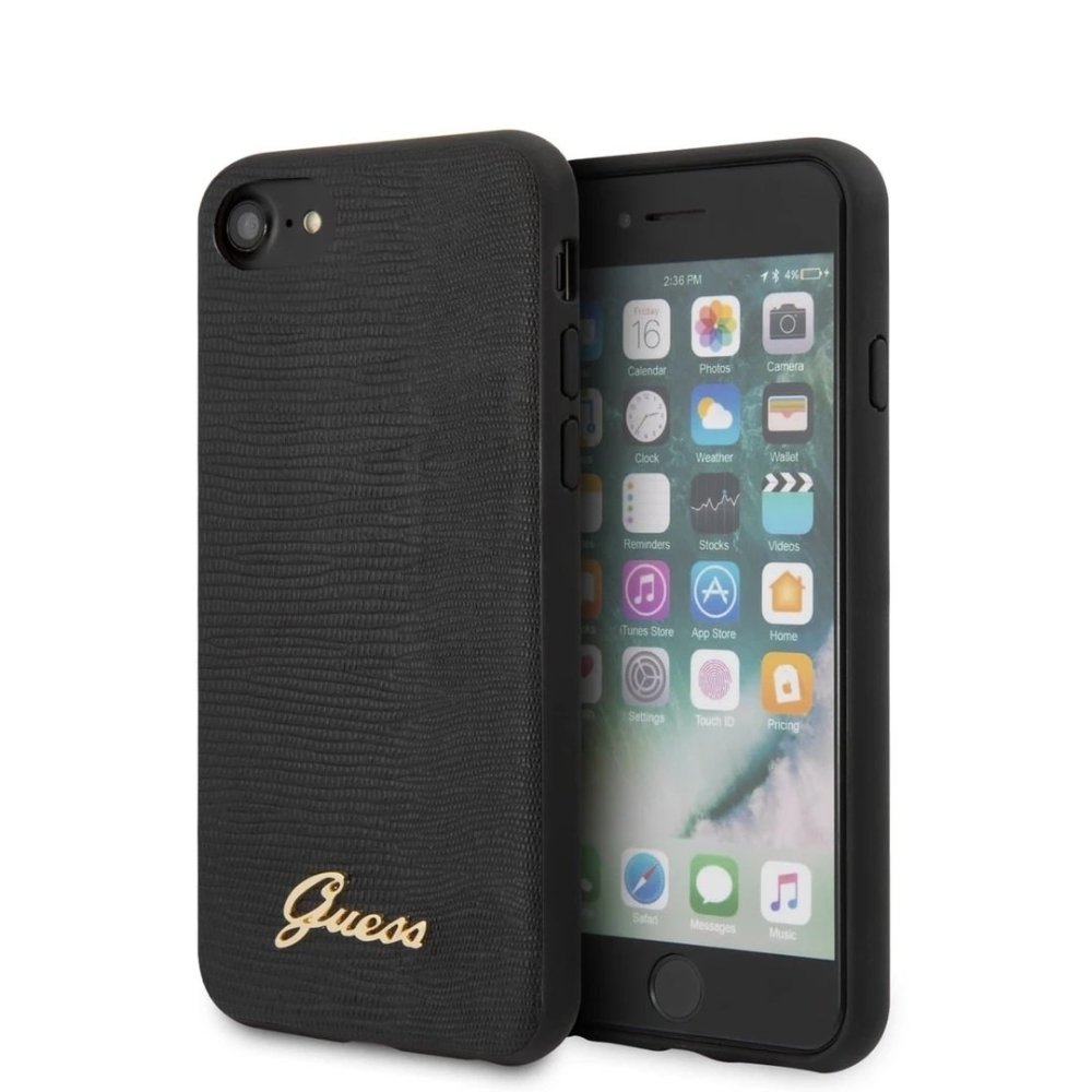 GUESS iPhone SE2/8/7 Hard Case - Black PU Leather with Lizard Pattern Design | Slim Protective Phone Cover for Everyday Use, Work & Travel