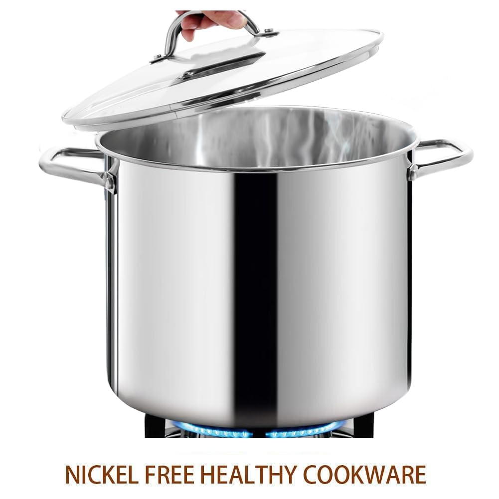 HOMICHEF 20 Quart Commercial Grade Stainless Steel Stock Pot with Lid - Nickel-Free Heavy Duty Induction Soup Cookware for Restaurants, Catering & Home Kitchens - Perfect for Soups, Stews, Pasta & Large Batch Cooking