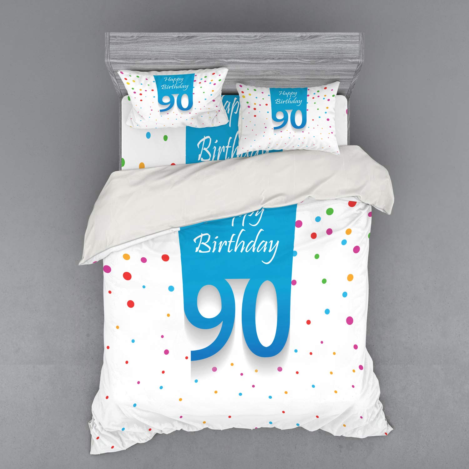Ambesonne 90th Birthday Duvet Cover Set - 4 Piece Queen Size Bedding with Polka Dot Design & Calligraphy Text - Includes Shams & Fitted Sheet - Perfect for Milestone Celebrations & Guest Room Decor