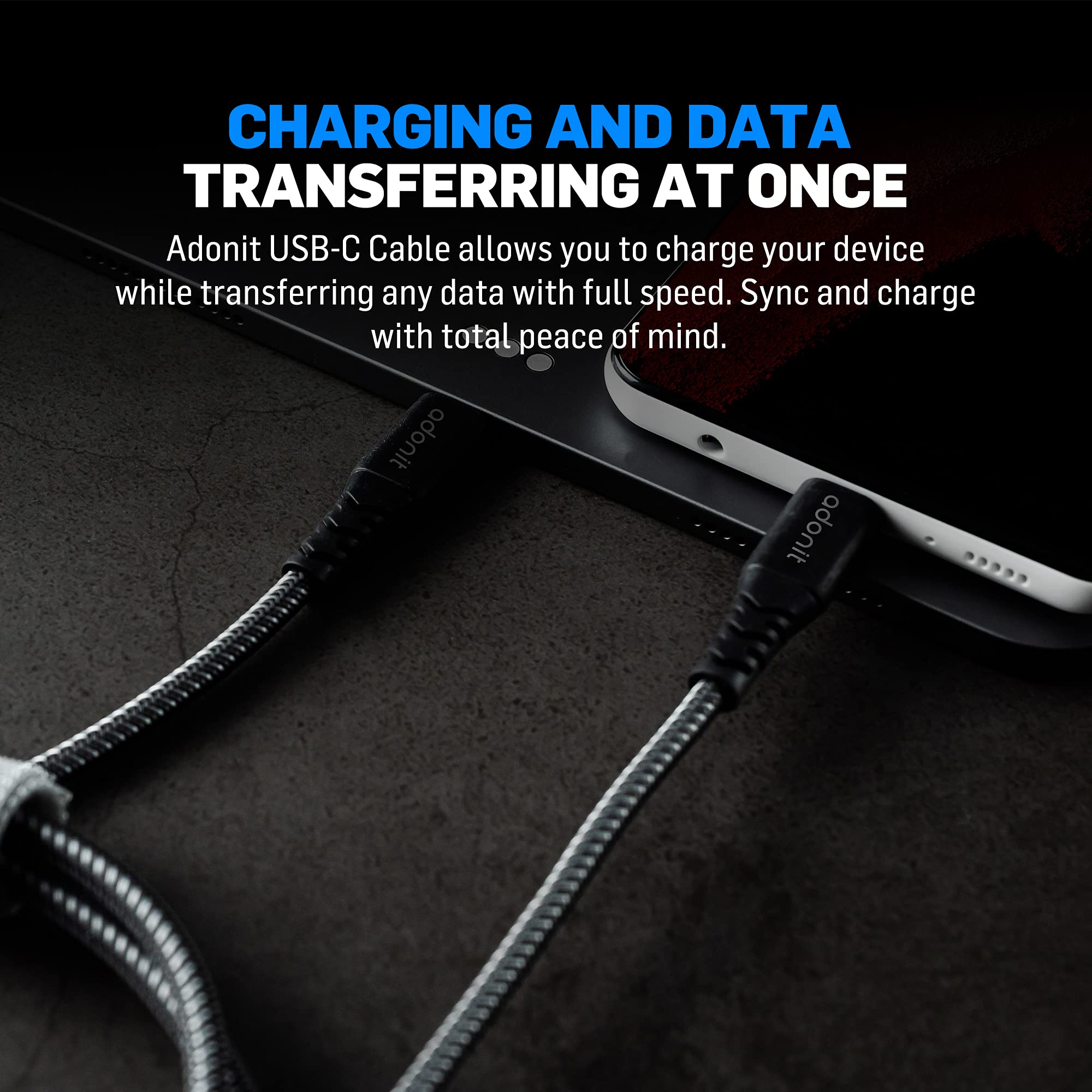 Adonit 1.2m USB-C to USB-C Fast Charging Cable (Gray) - Compatible with iPhone 15, iPad Pro, MacBook Air, MacBook Pro, Tablets & Laptops - Perfect for Home, Office & Travel Charging