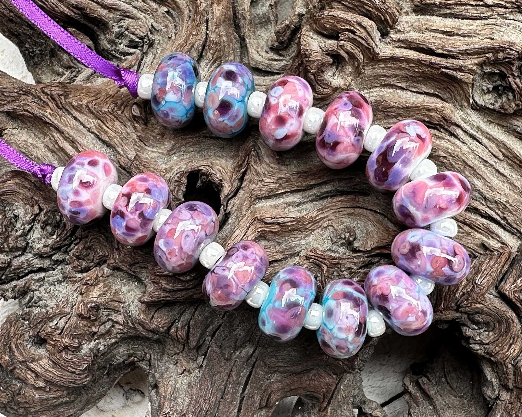 14pcs Lilac Bloom Mosaic Glass Lampwork Beads for Jewelry Making - DIY Bracelet, Necklace & Craft Projects - Handmade Artisan Beads for Boho Style Accessories