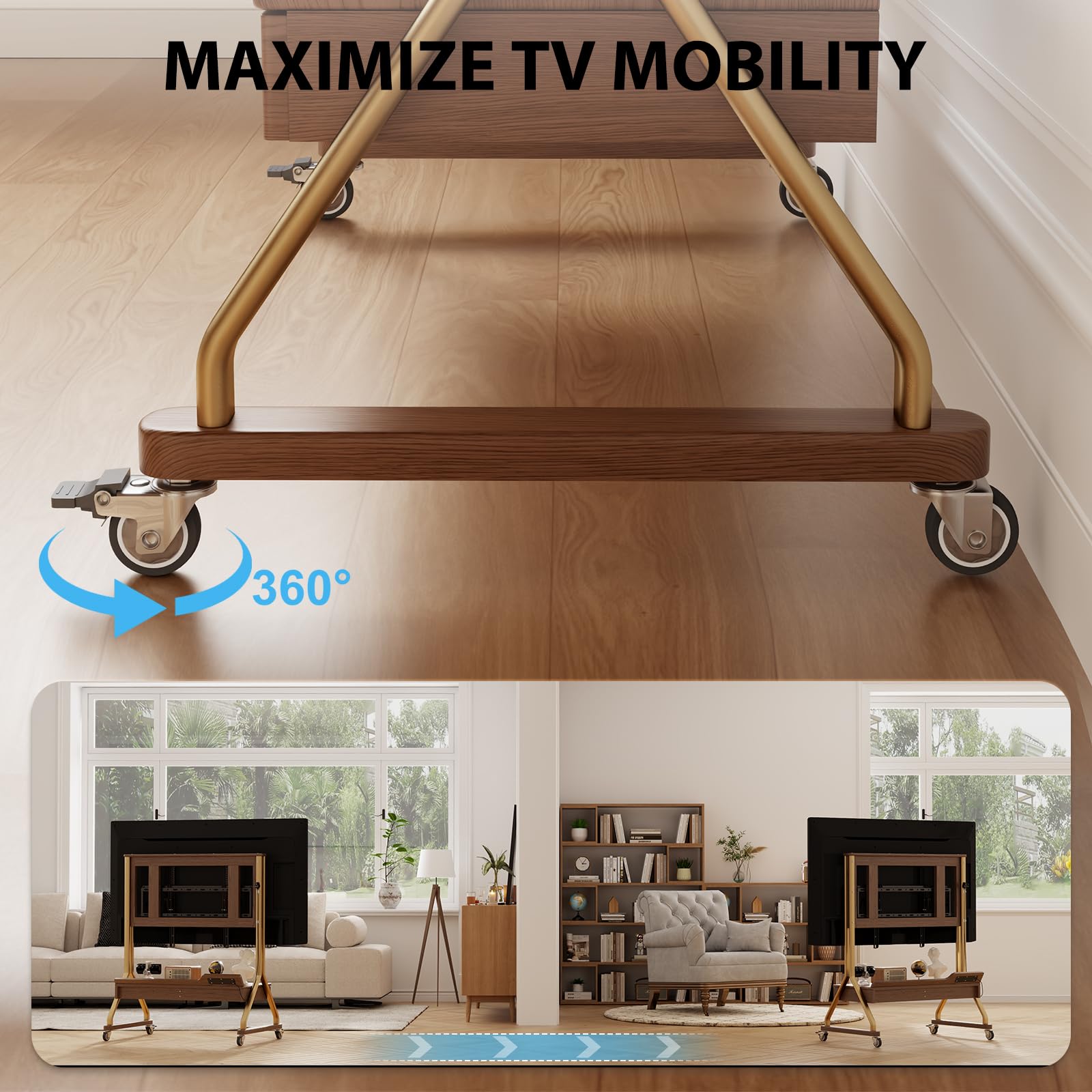 **Solid Wood TV Stand for 40-75 Inch TVs – Heavy Duty 300lbs Capacity, Adjustable Height, Rolling TV Cart with Storage – Modern Entertainment Center for Living Room, Bedroom, Home Theater (Walnut, DSG032)**