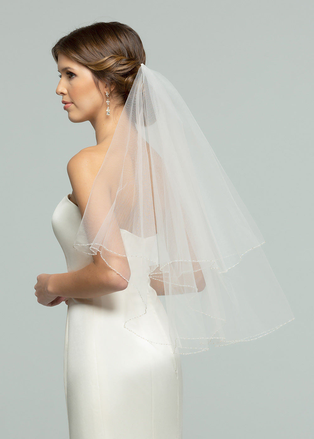 Elegant V1030 Elbow Length Wedding Veil with Delicate Beading - Perfect for Bridal Ceremonies, Photos, and Formal Events