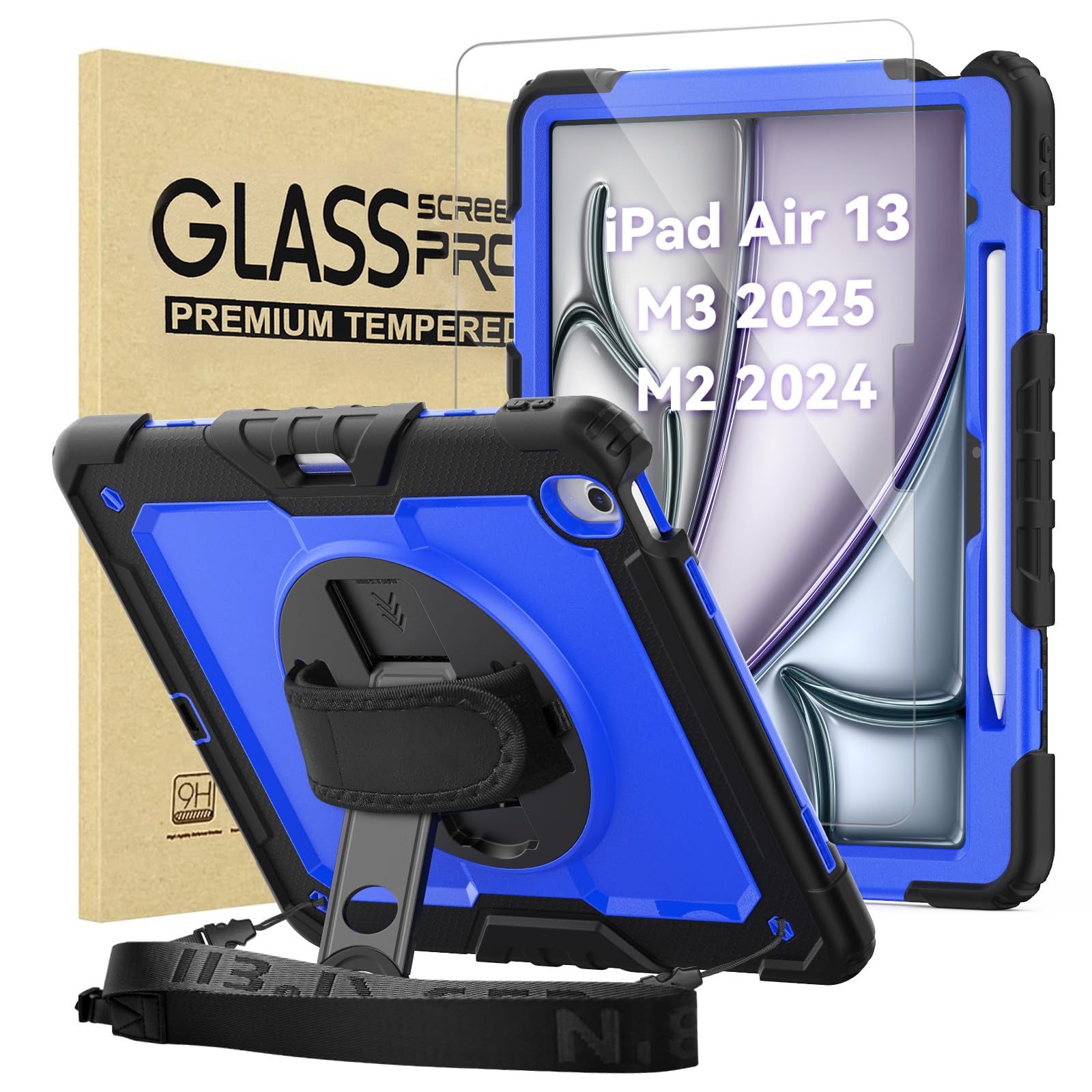 BLOSOMEET Shockproof iPad Air 13 Inch Case (2024 M2 & 2025 M3 Models) with Tempered Glass Screen Protector, Pencil Holder & Adjustable Stand - Rugged Protective Cover with Shoulder Strap for Work, Travel & Outdoor Use (Blue)