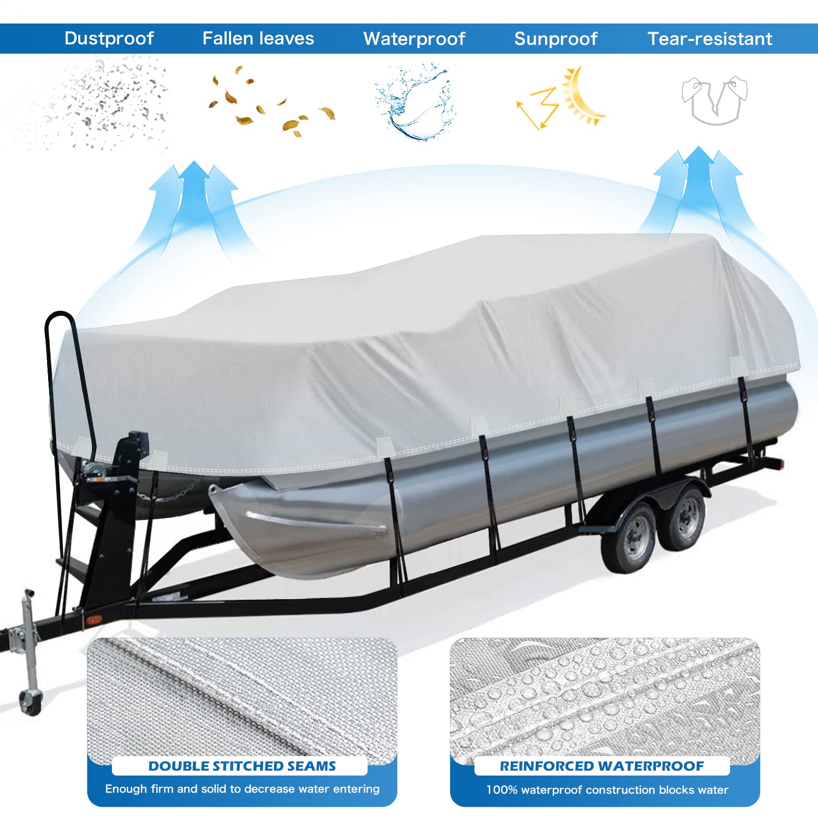Solim 22-24ft Heavy Duty Pontoon Boat Cover - 1200D PU Waterproof Marine Grade Oxford Fabric with UV Protection - Adjustable 18 Tie Down Straps - Gray - Perfect for Outdoor Boat Storage & Winter Protection