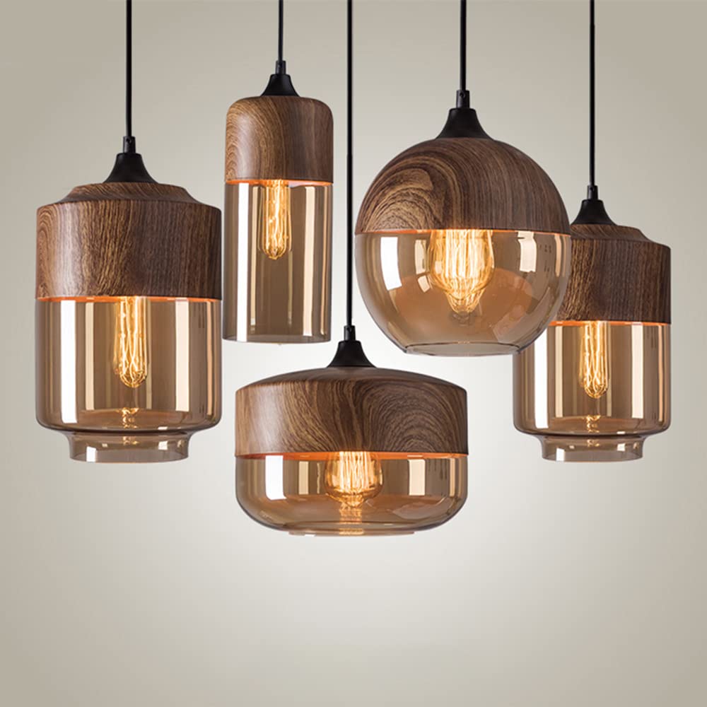 LITFAD Modern 1-Light Nordic Pendant Lamp - Walnut Wood Finish & Geometric Glass Shade - 110V-120V Hanging Ceiling Light for Cafe, Kitchen Island, Dining Room & Living Room Decor