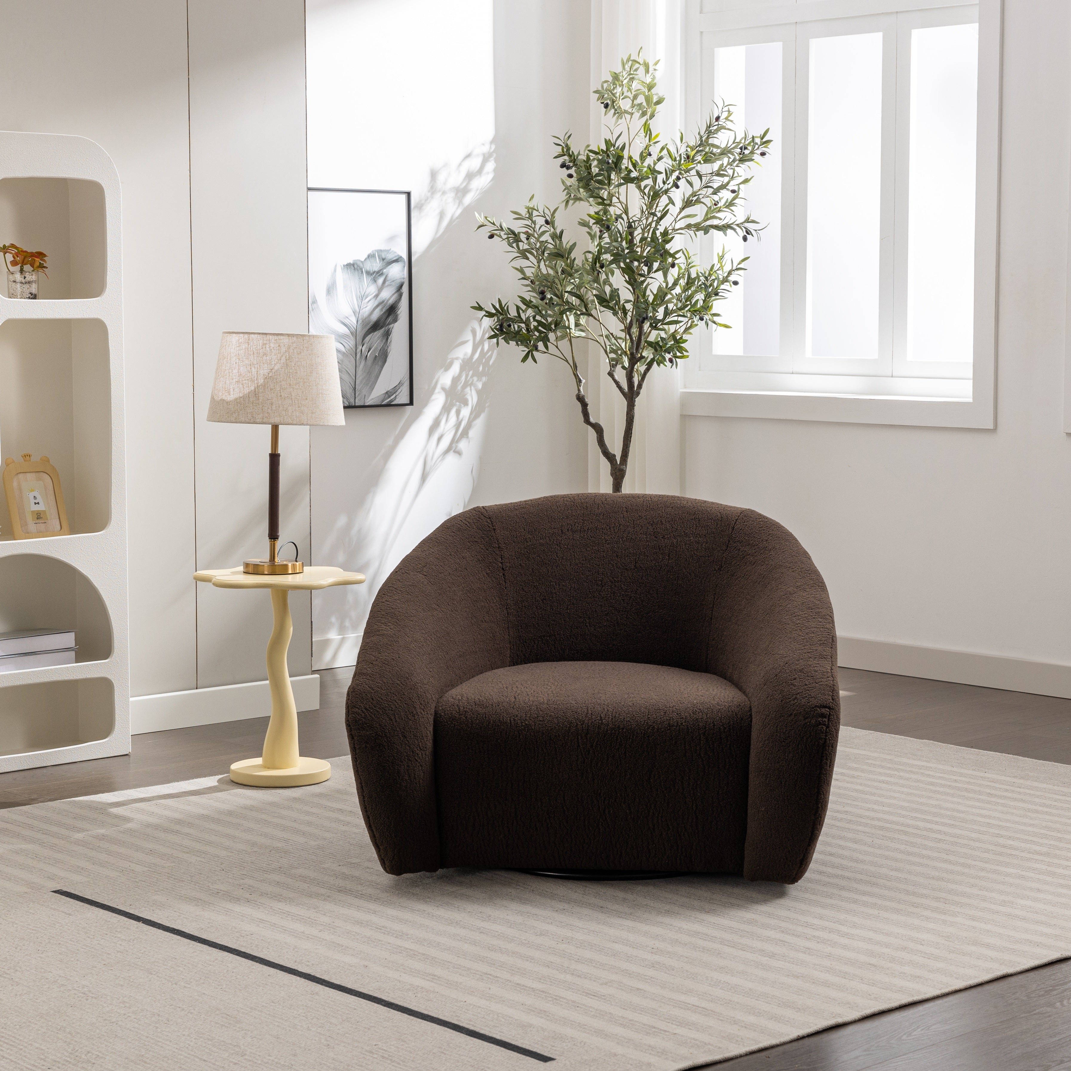 Roundhill Furniture Luzern Modern Boucle Upholstered Accent Chair - 360° Swivel Lounge Chair for Living Room, Bedroom & Office - Soft Fabric Contemporary Seating with Rotating Base