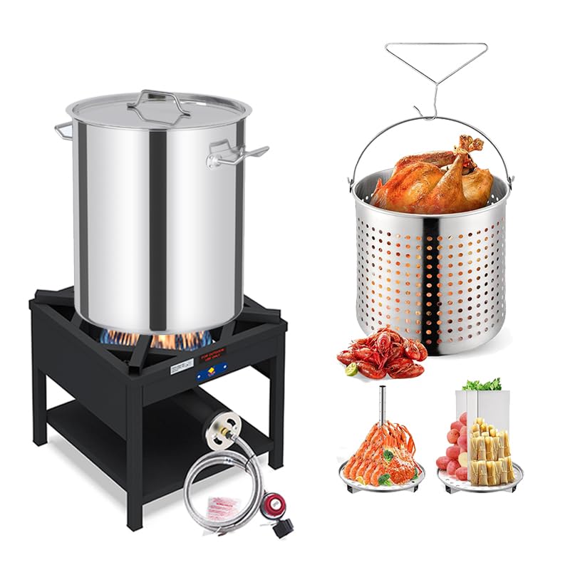 **52QT Stainless Steel Seafood Boiling Kit with 200,000 BTU Propane Burner - Crawfish, Lobster, Shrimp, and Turkey Fryer Pot with Basket & Steamer Rack - Perfect for Outdoor Cooking, Backyard Parties, and Camping**