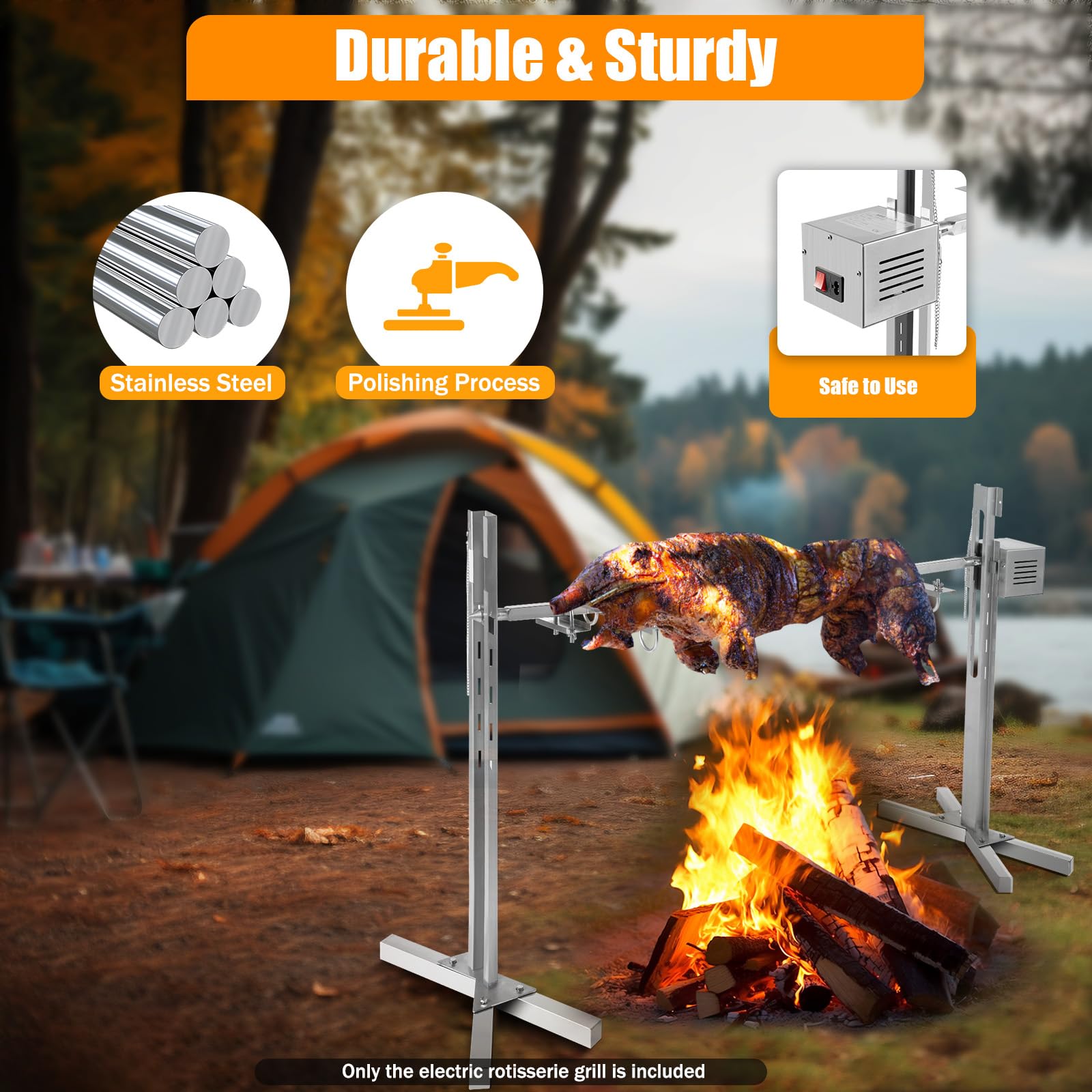 Electric Rotisserie Grill Roaster - 15W Motor, 70KG Capacity, Stainless Steel for Pig, Chicken, Lamb - Perfect for BBQ, Camping, Picnic & Outdoor Cooking