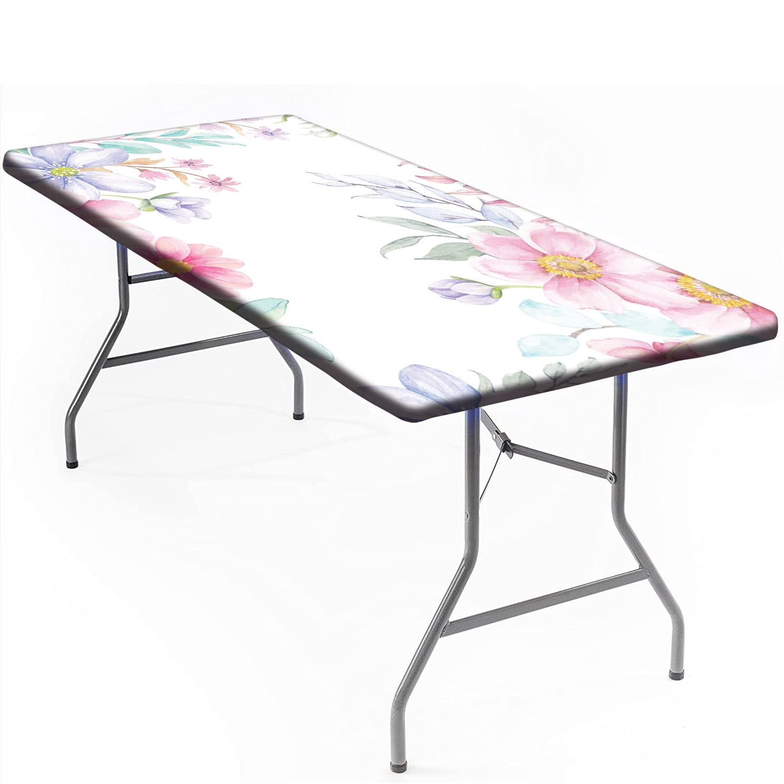 Floral Print Elastic Fitted Tablecloth - 60x30 Inch Stretch Polyester Table Cover for Rectangle Tables - Wedding, Banquet & Restaurant Decor - Pink & Purple Design - Perfect for Dining Room, Party & Event Decorations