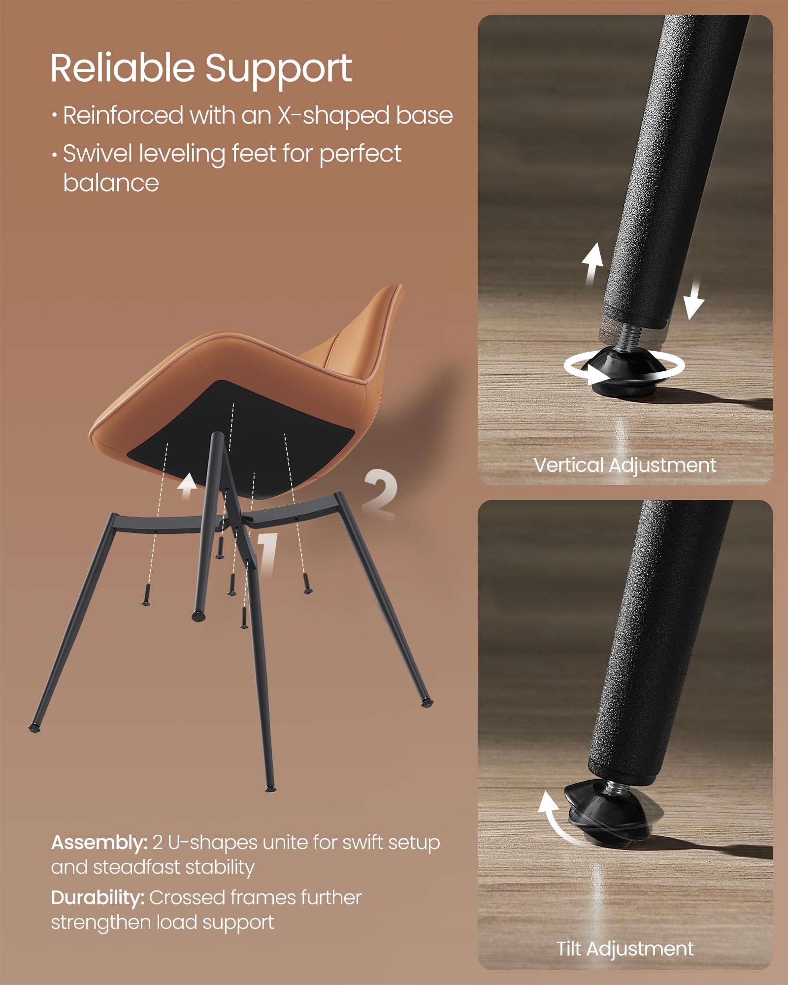 VASAGLE 2-Piece Leather Dining Chair Set with Upholstered Seat, Swivel Leveling Feet & Curved Backrest - Caramel Brown Kitchen Chairs for Dining Room, Living Space & Restaurant Use - Easy Assembly Home Furniture