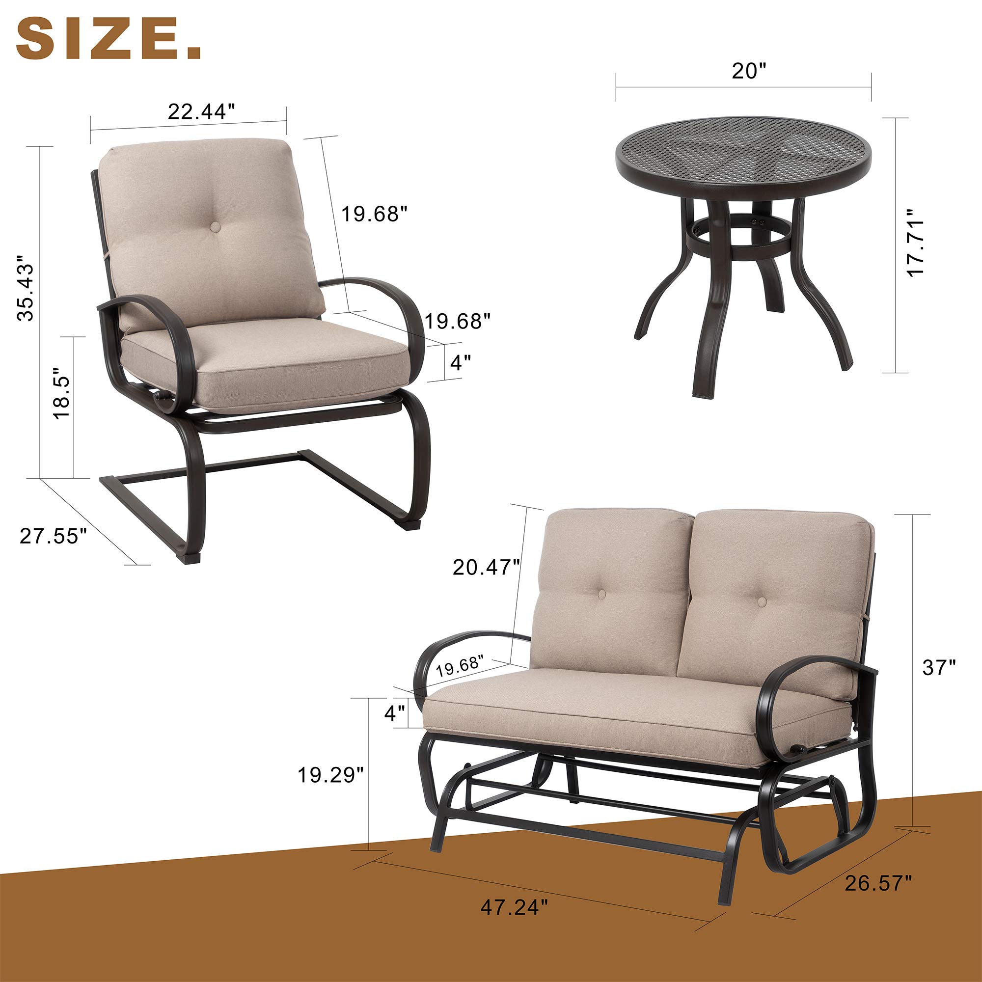 4-Piece Outdoor Patio Furniture Set with Glider Loveseat, Coffee Table & 2 Spring Chairs - Wrought Iron Frame with Beige Cushions for Garden, Backyard & Deck Relaxation