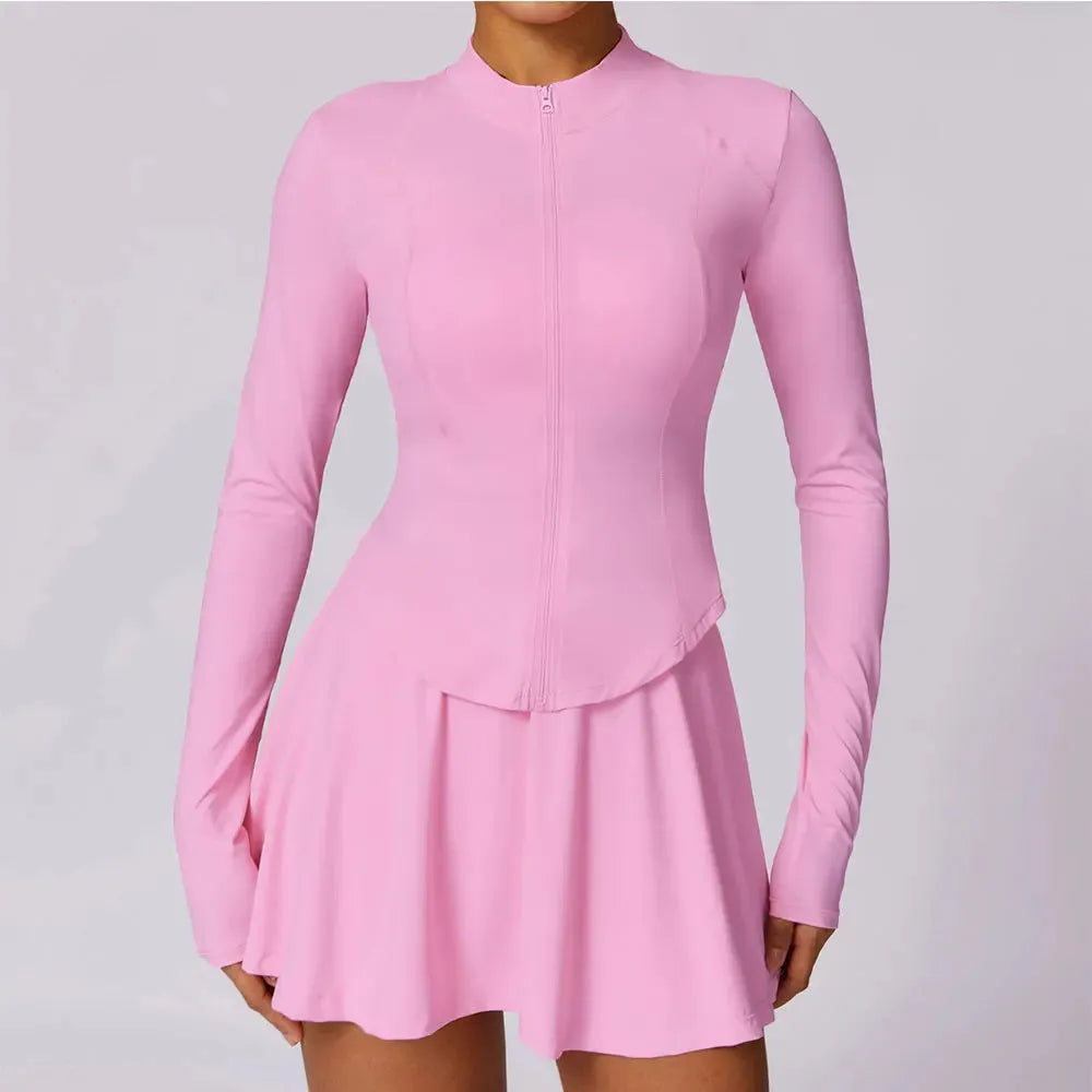 2PCS Women's Yoga Outfit - Sexy Zipper Long Sleeve Top & Short Skirt Gym Set for Running, Workout & Athletic Sports | Perfect for Yoga, Pilates & Fitness Training