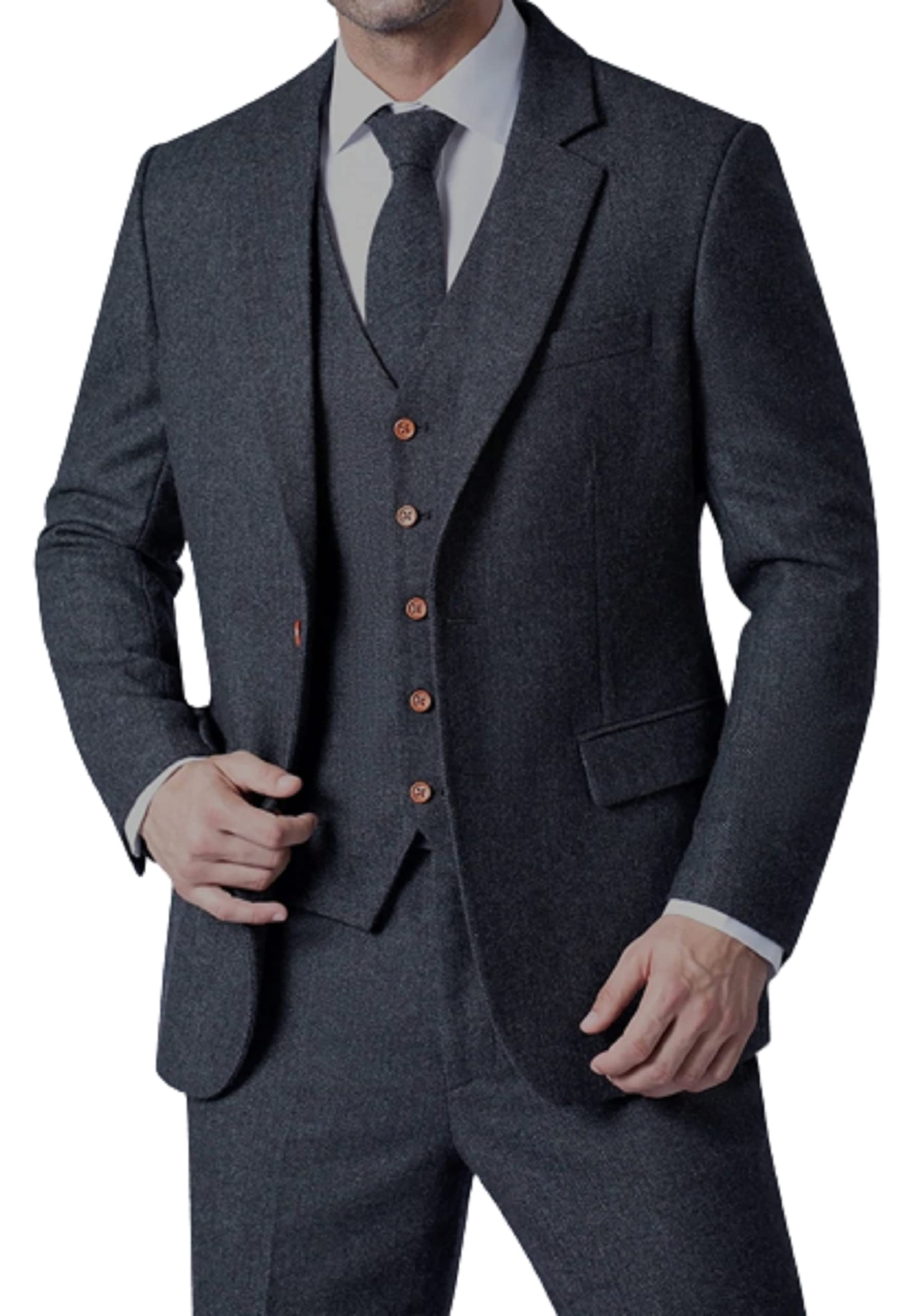 Men's Black Tweed 3-Piece Prom Tuxedo Suit with Peak Lapel & Herringbone Pattern - Perfect for Weddings, Formal Events & Special Occasions