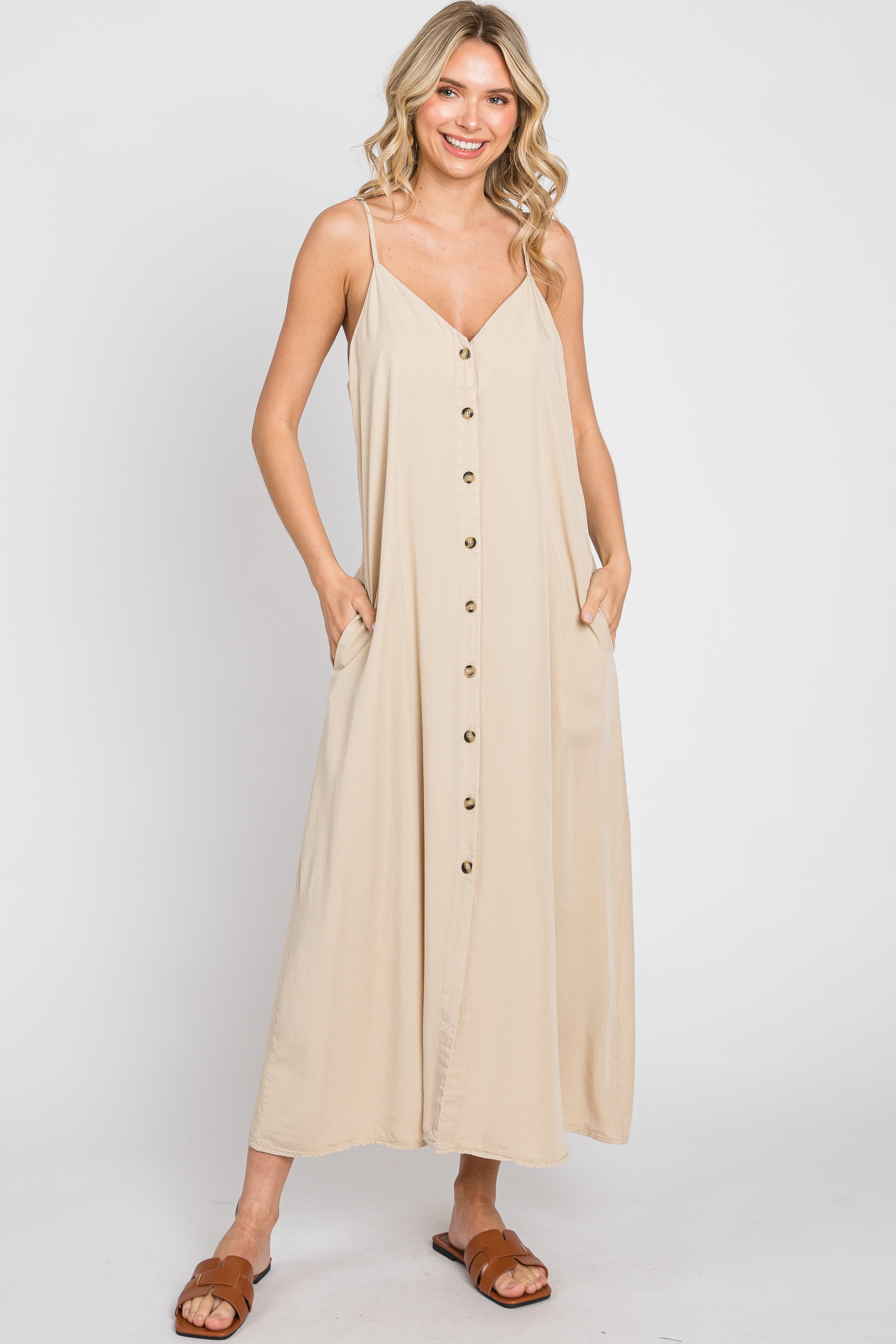 Beige Button Down Maternity Midi Tank Dress for Pregnancy - Comfortable Nursing Dress for Women, Perfect for Casual Wear, Maternity Photos & Baby Showers