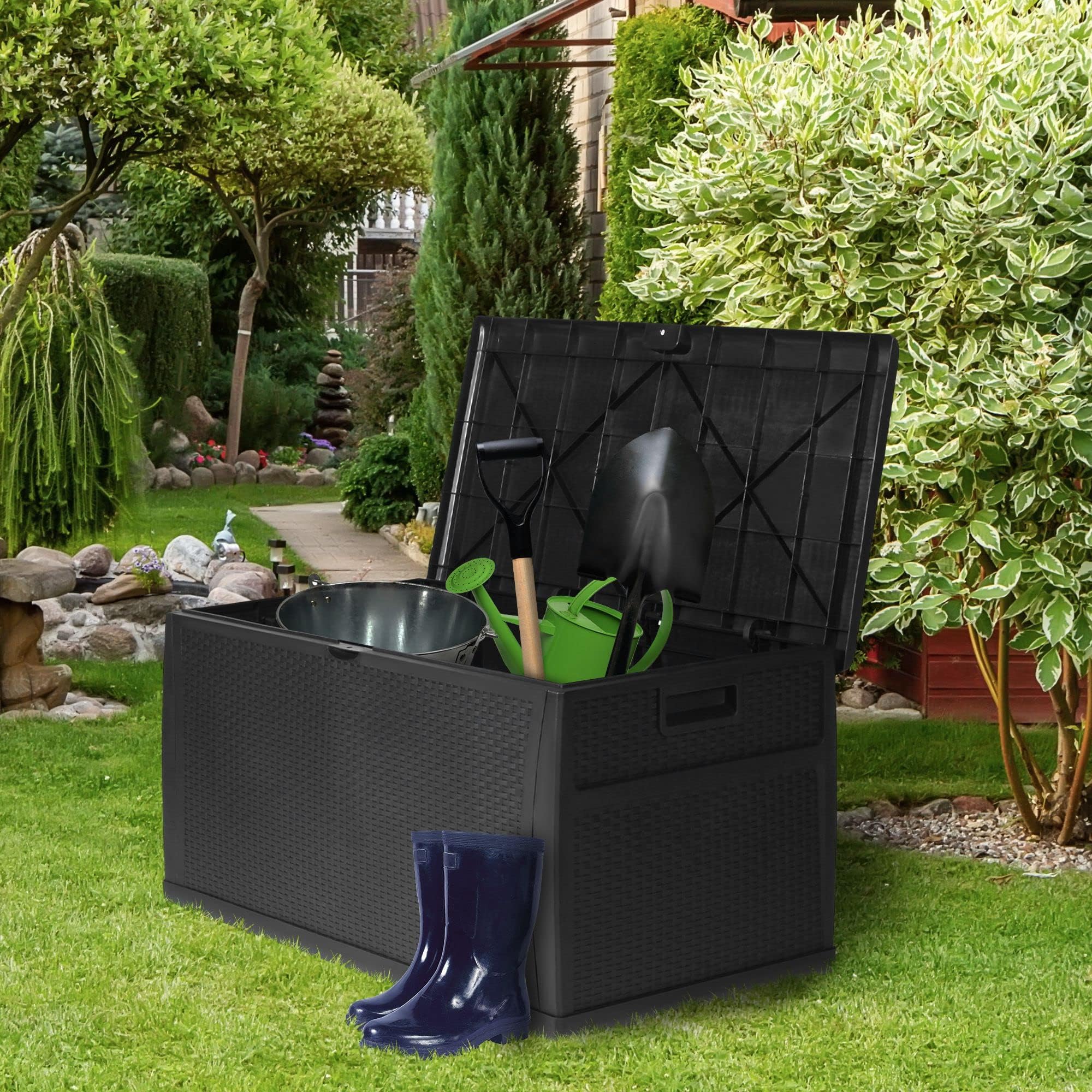 LUCKYERMORE 120 Gallon Large Outdoor Deck Box - Waterproof, Lockable Storage Container for Patio, Garden & Backyard - Heavy-Duty Resin Rattan Design - Perfect for Cushions, Toys & Pool Accessories