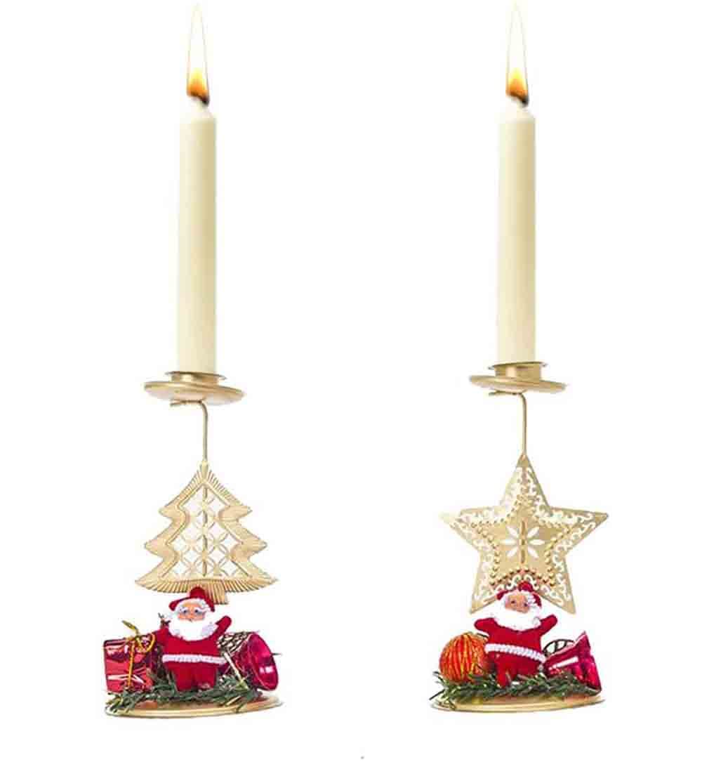 2 PCS Christmas Candlestick Ornaments - Metal Table Candle Holders with Santa, Elk, Tree, Snowflake & Star Designs - Holiday Candle Stand for Christmas Party, Home, and Table Decorations - Perfect for Holiday Gatherings, Winter Celebrations, and Festive Home Decor