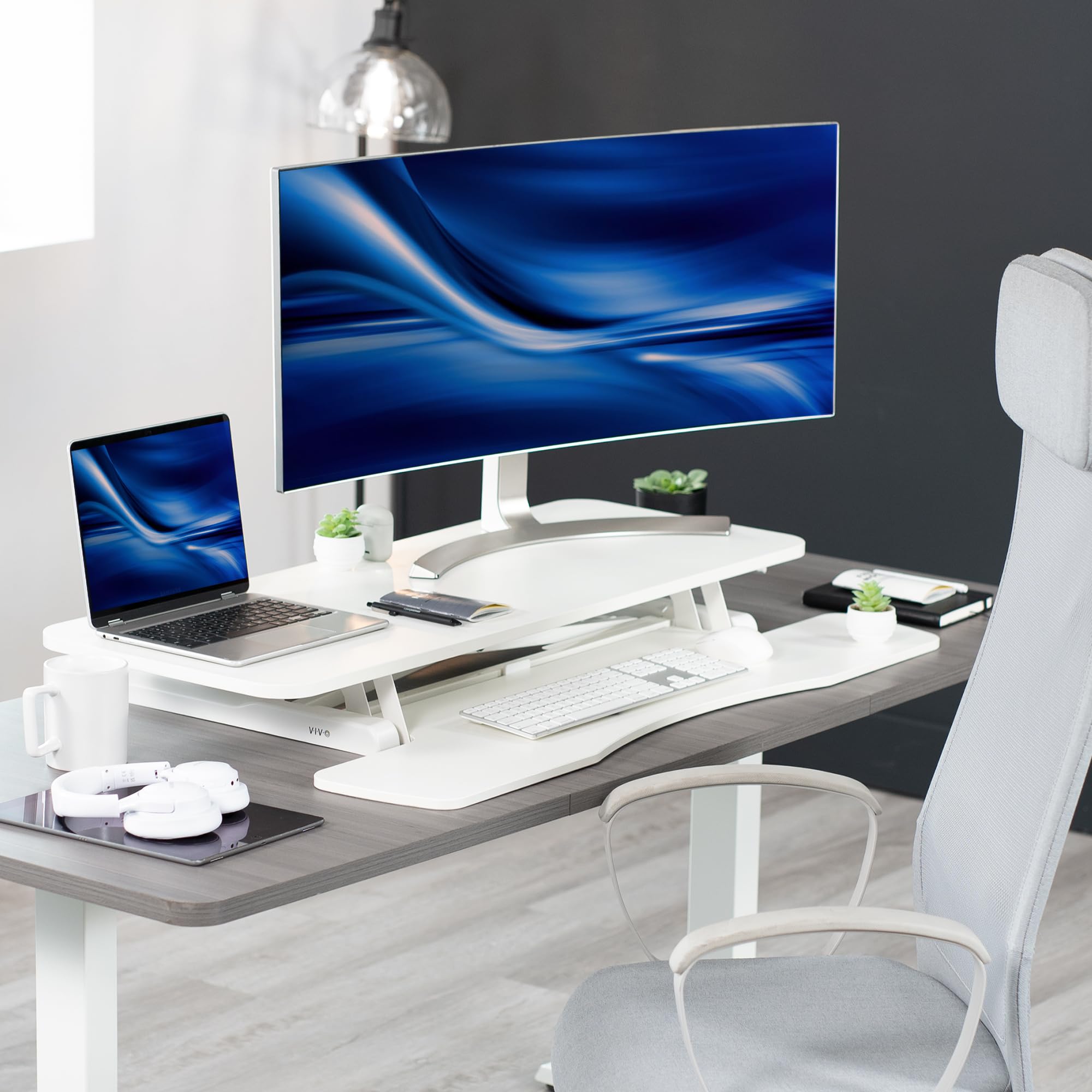 VIVO K Series 42 Inch Height Adjustable Sit to Stand Desk Converter - Dual Monitor & Laptop Workstation with Wide Keyboard Tray, White (DESK-V042KW) - Perfect for Home Office, Gaming Setup & Ergonomic Workspace
