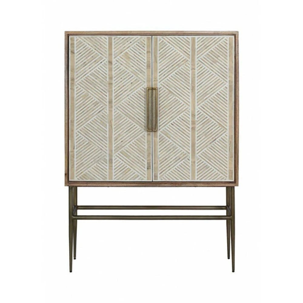 Handmade Bone Inlay Bar Cabinet - Vintage Style Wooden Liquor Cabinet with Glass Doors - Perfect for Home Bar, Dining Room & Entertaining Guests