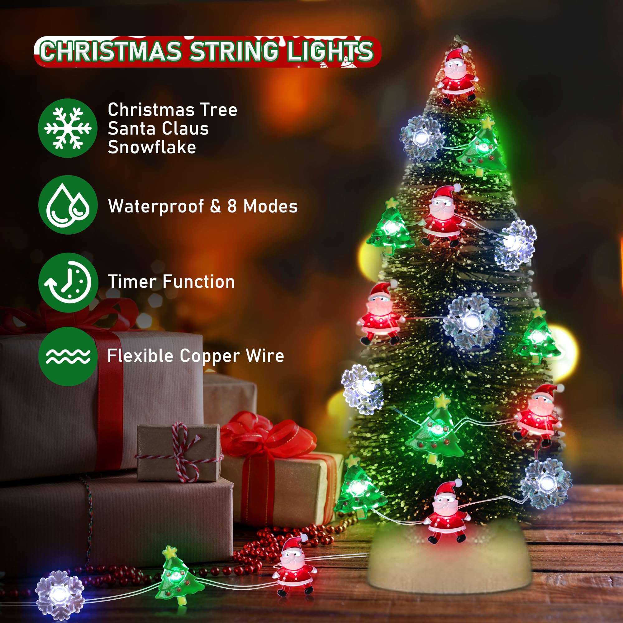 30 LED Battery Operated Christmas String Lights - 10FT Waterproof Fairy Lights with 8 Lighting Modes for Indoor Outdoor Holiday Decor - Perfect for Christmas Tree, Santa, Snowflake Decorations, Home Parties, Garden and Window Displays