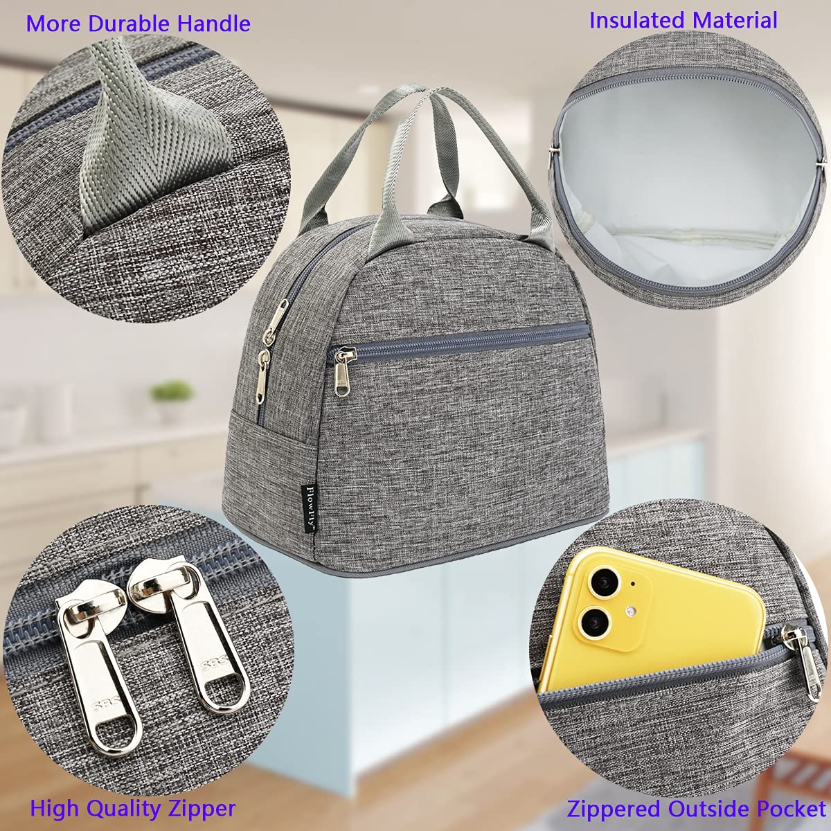 FlowFly Insulated Lunch Bag Tote - Reusable Cooler Lunch Box Organizer for Women & Men (Heather Grey) - Perfect for Work, School, Picnics & Outdoor Activities