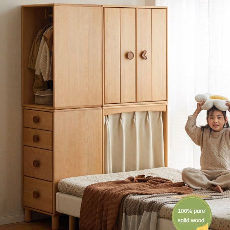 Solid Wood Beech & Rubber Kids Wardrobe - Multi-Functional Storage Cabinet for Bedroom, Nursery, and Playroom Organization