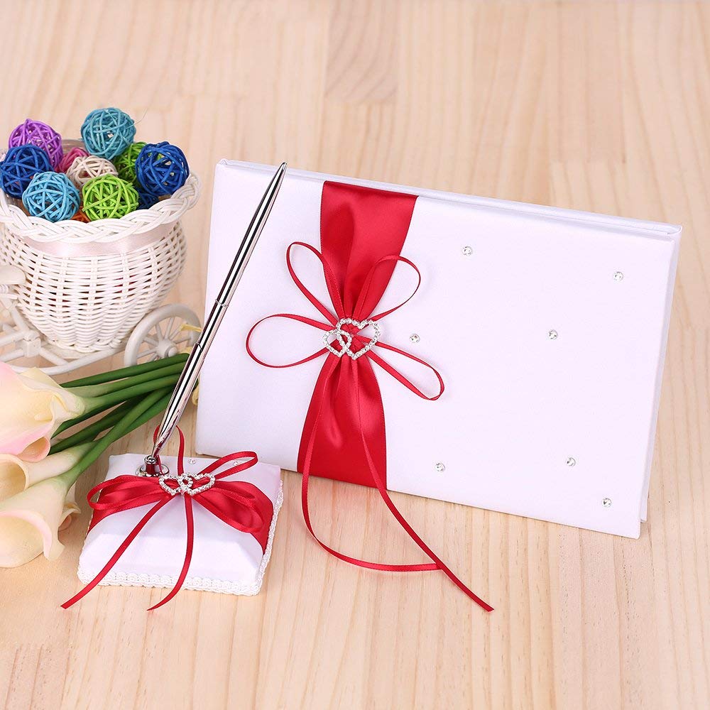 5-Piece Red Wedding Accessories Set - Flower Girl Basket, Guest Book Pen, Ring Pillow & Garter - Perfect for Wedding Ceremonies, Bridal Showers & Reception Decor
