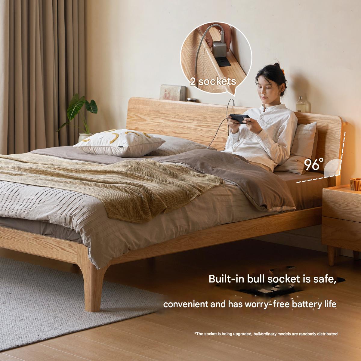 Solid Oak Rubber Wood Bed - Modern Nordic Style Queen/King Size Bed Frame for Bedroom, Living Room & Guest Room