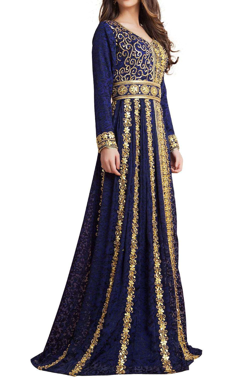 Elegant Blue Beaded Caftan Dress for Women - Full Sleeve Party Wear with Black Beading - Perfect for Evening Parties, Weddings & Special Occasions