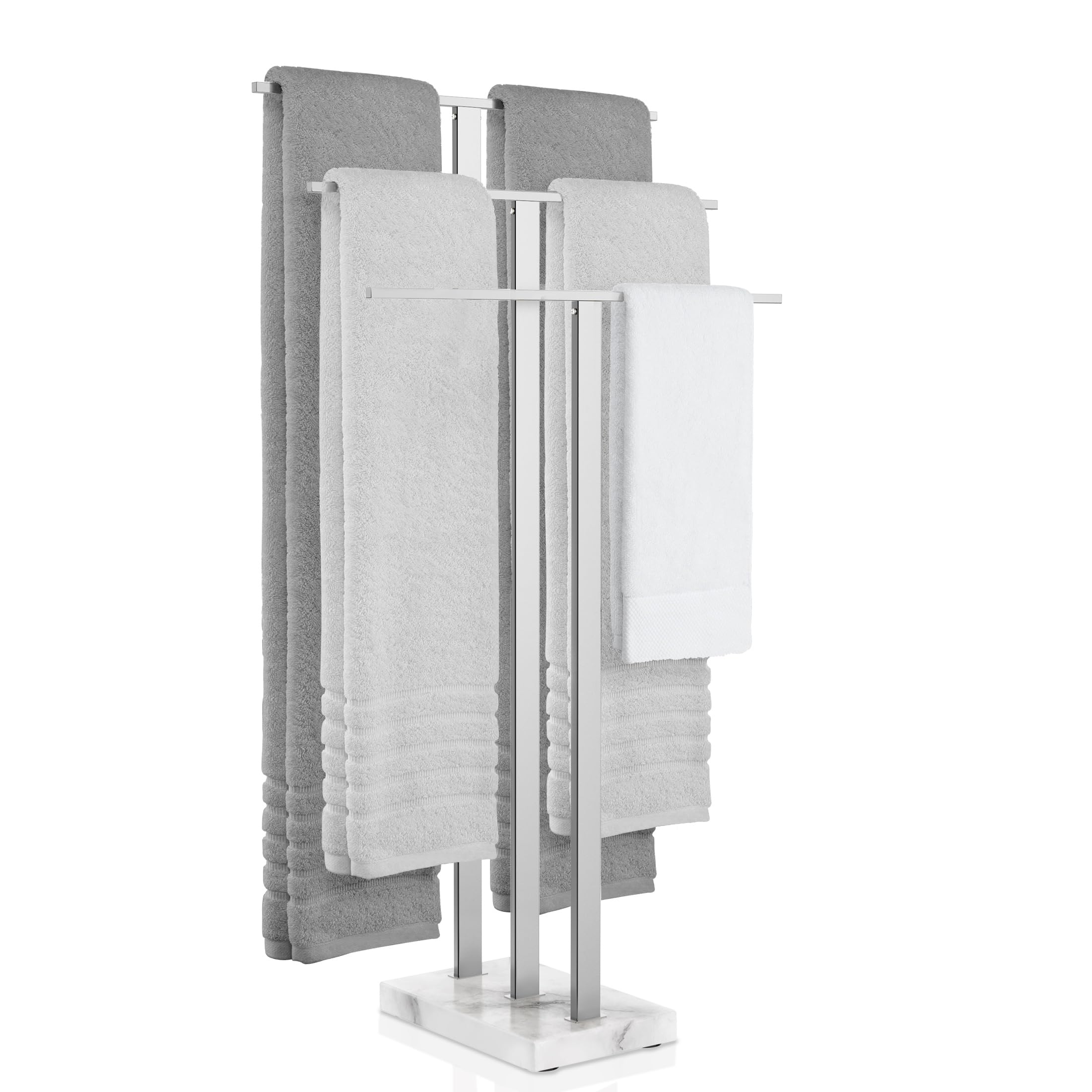 Premium 3-Tier Standing Towel Rack with Marble Base - Sturdy Free-Standing Bathroom Organizer for Large Bath & Hand Towels - 18/8 Stainless Steel Polished Finish (BTH217S3) - Perfect for Spa-Style Bathrooms, Guest Suites & Luxury Home Decor
