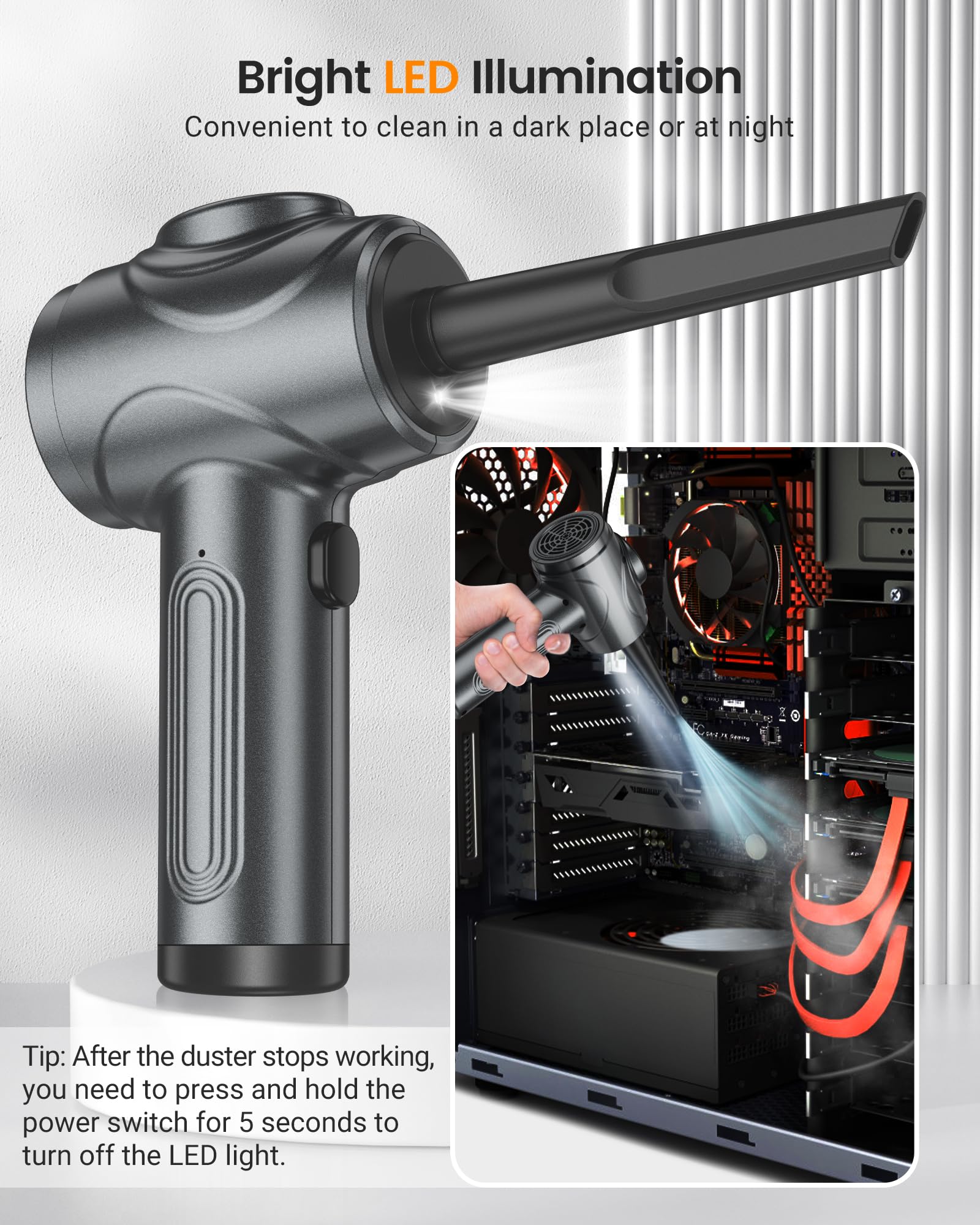 100,000 RPM Electric Compressed Air Duster for Computers & Electronics - 3-Speed Powerful Air Blower with LED Light for PC, Keyboard, Car Cleaning (Grey) - Perfect for Home Office, Gaming Setup & Electronic Maintenance
