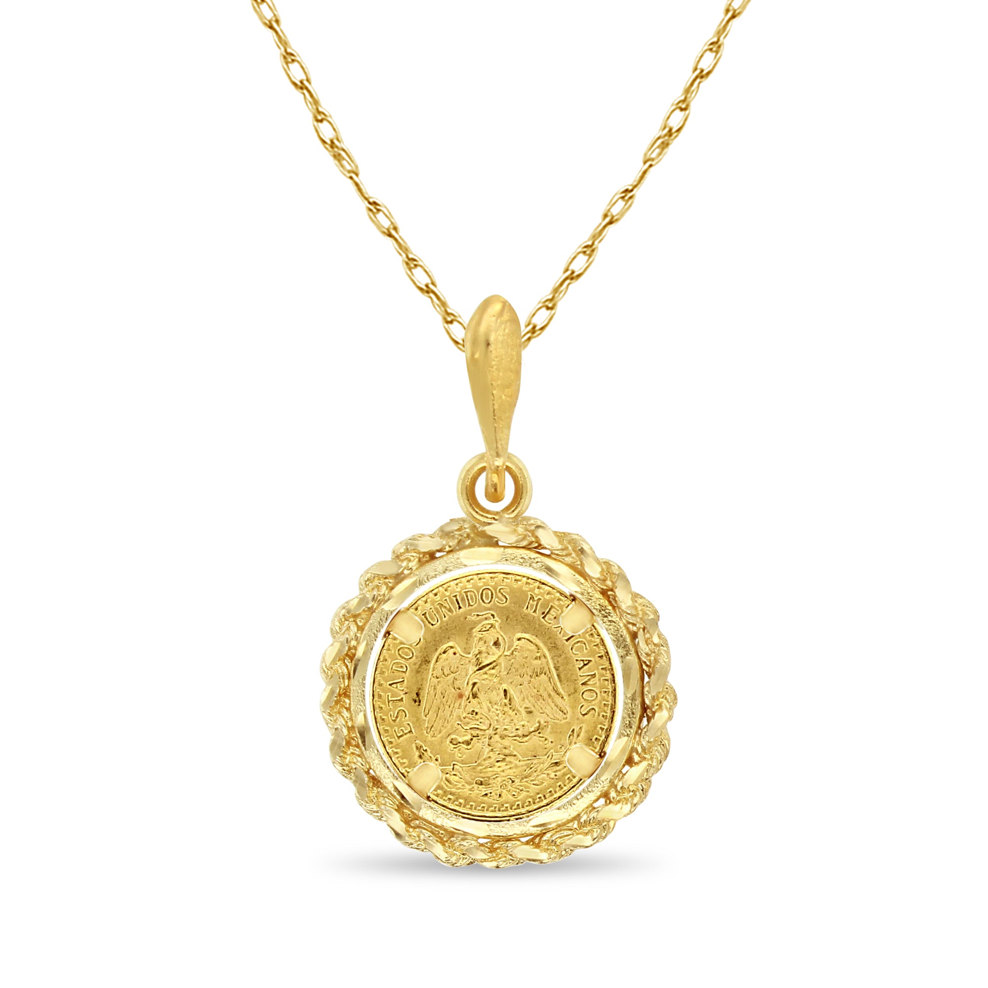 14K Yellow Gold Rope & Diamond Cut Necklace - Vintage Mexican 2.5 Pesos Coin Pendant Jewelry for Women, Perfect for Gifts, Parties & Special Occasions