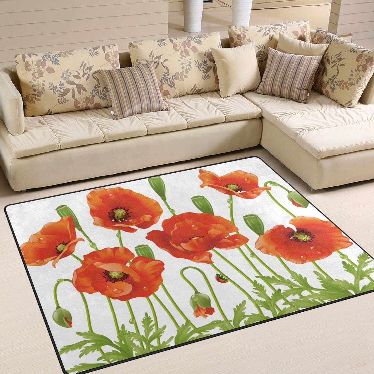 ALAZA Watercolor Poppy Flower Ladybug Area Rug 7' x 5' - Non-Slip Soft Living Room Bedroom Rug for Home Decor, Kids Room, Nursery | Perfect for Boho Style, Farmhouse Decor & Cozy Spaces