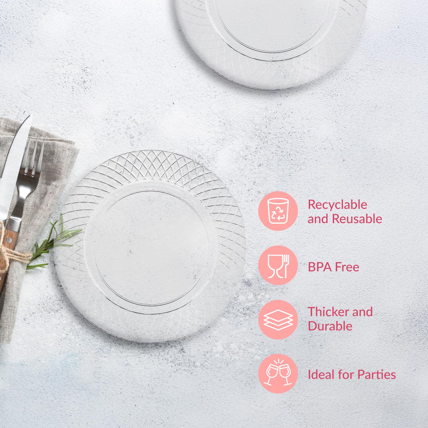 Prestee 7.5-inch Clear Plastic Disposable Plates (72 Count) - Heavy Duty Party Plates for Cake, Salad, Appetizer, Dinner & Dessert - Perfect for Weddings, Holidays, Easter & Special Events - Durable Event Supplies for Indoor/Outdoor Gatherings