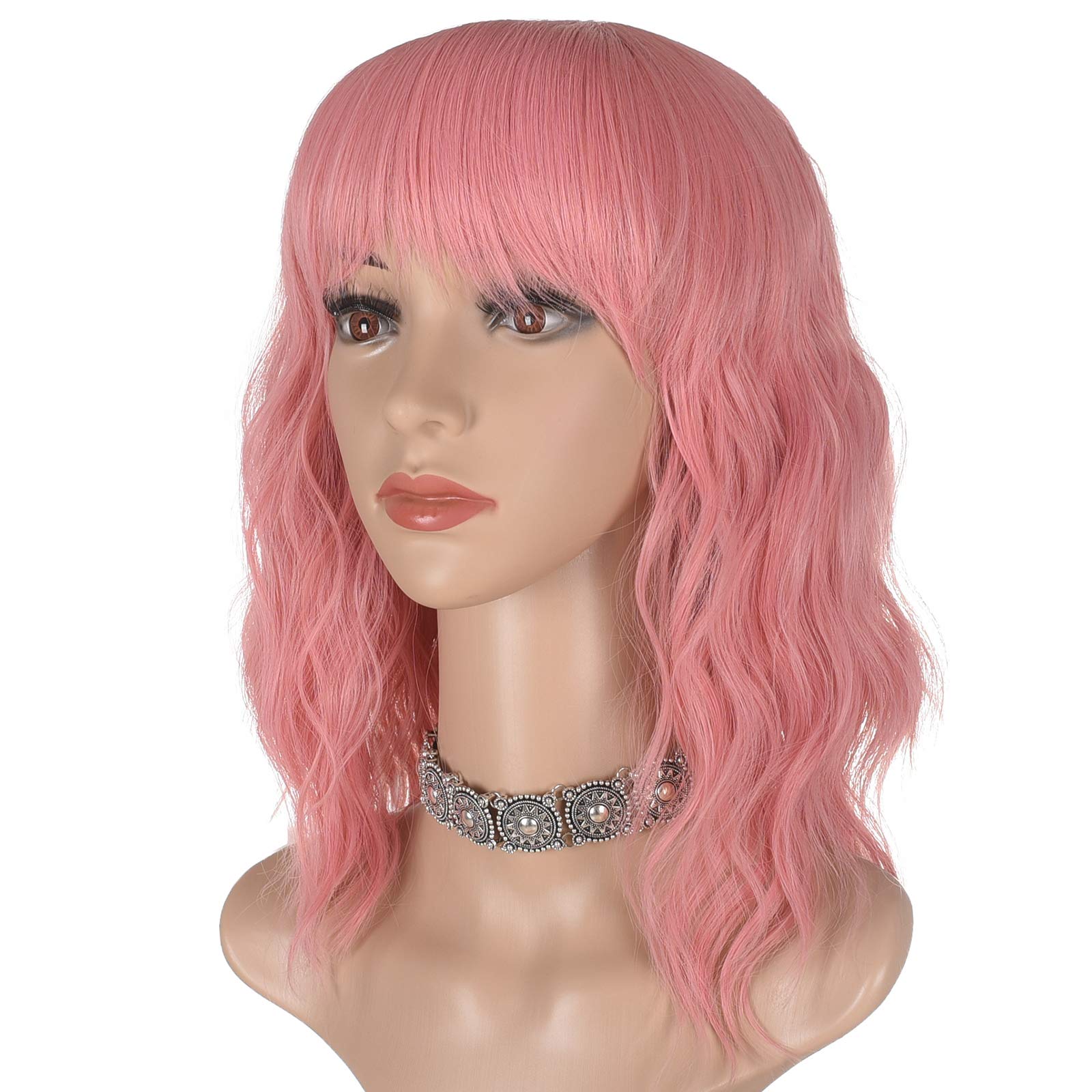 Morvally 16 Inch Short Pink Wavy Bob Wig with Bangs for Women - Natural Synthetic Hair Wavy Wig for Cosplay, Halloween, Costume Parties & Daily Fashion