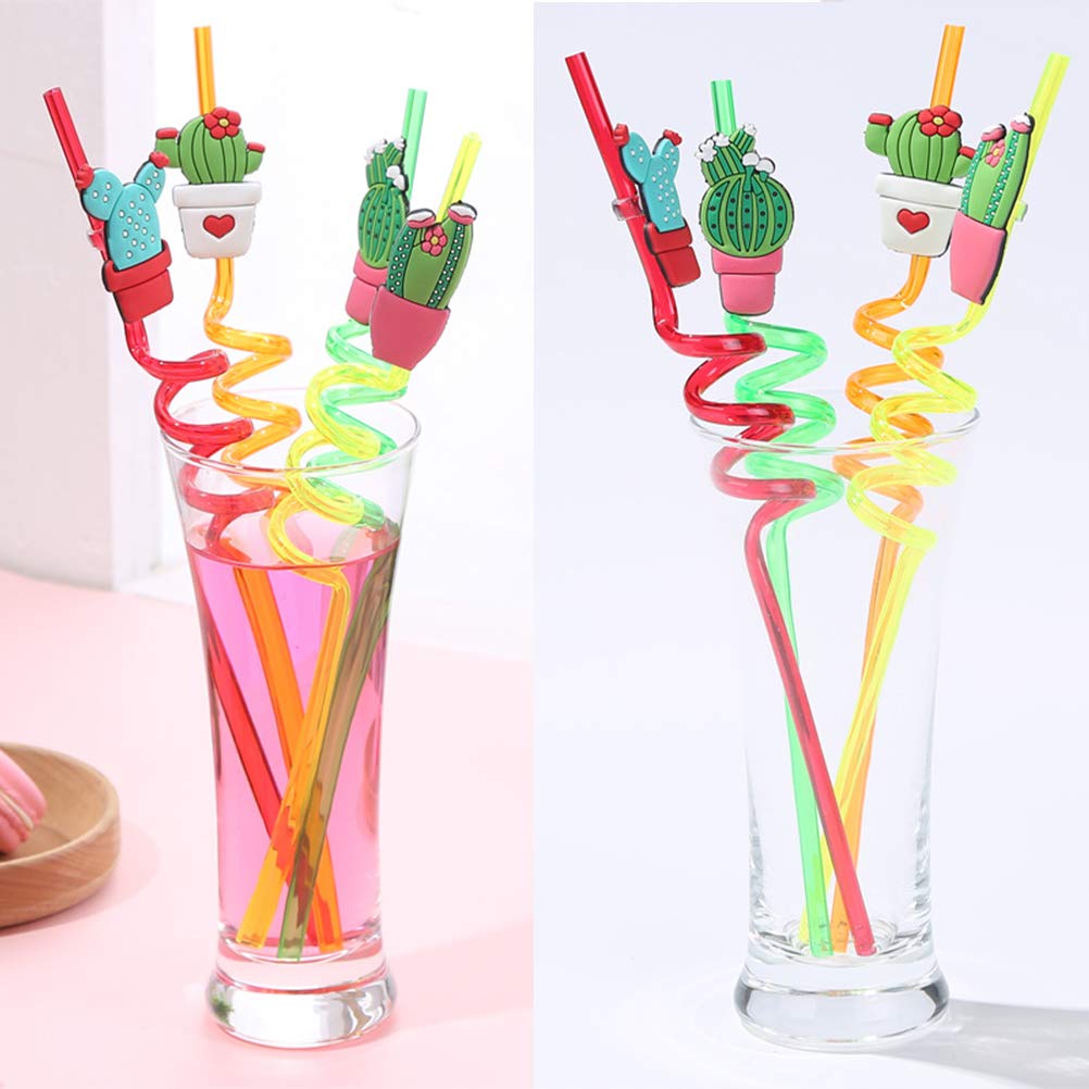 DOITOOL 16PCS Reusable Kids Drinking Straws - Colorful Twisted Loop Swirl Straws for Smoothies, Juices & Milkshakes | Fun Cactus & Prickly Pear Designs for Children's Parties & Home Use