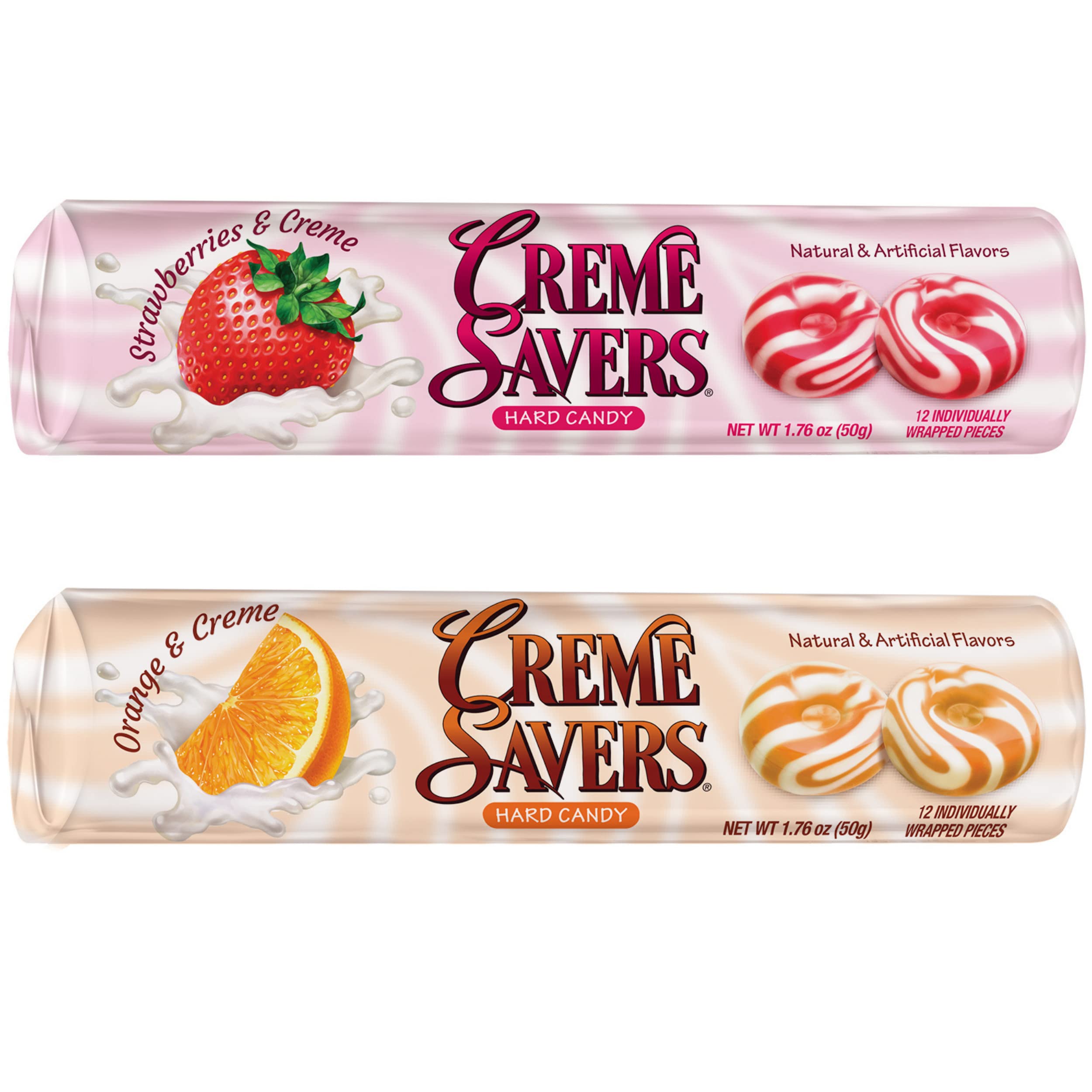 Original Classic Creme Savers Hard Candy - Strawberries & Creme + Orange & Creme 2-Pack | Nostalgic Flavor | Perfect for Office Snacks, Party Favors & Gift Baskets