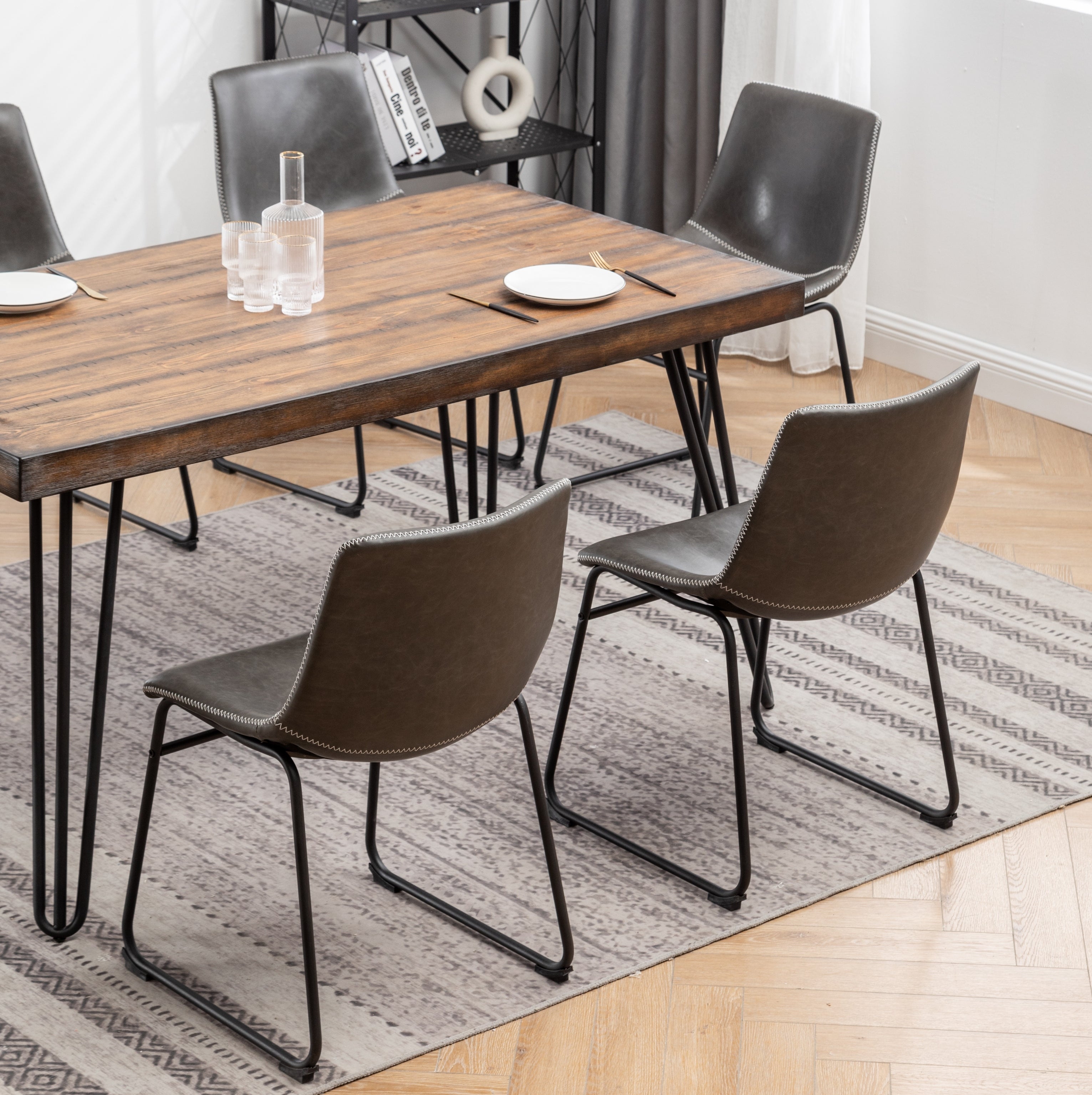 Roundhill Furniture Aryven 7-Piece Industrial Dining Set - Rustic Dark Pine Table & 6 Antique Gray Faux Leather Chairs for Farmhouse Kitchen & Dining Room Decor