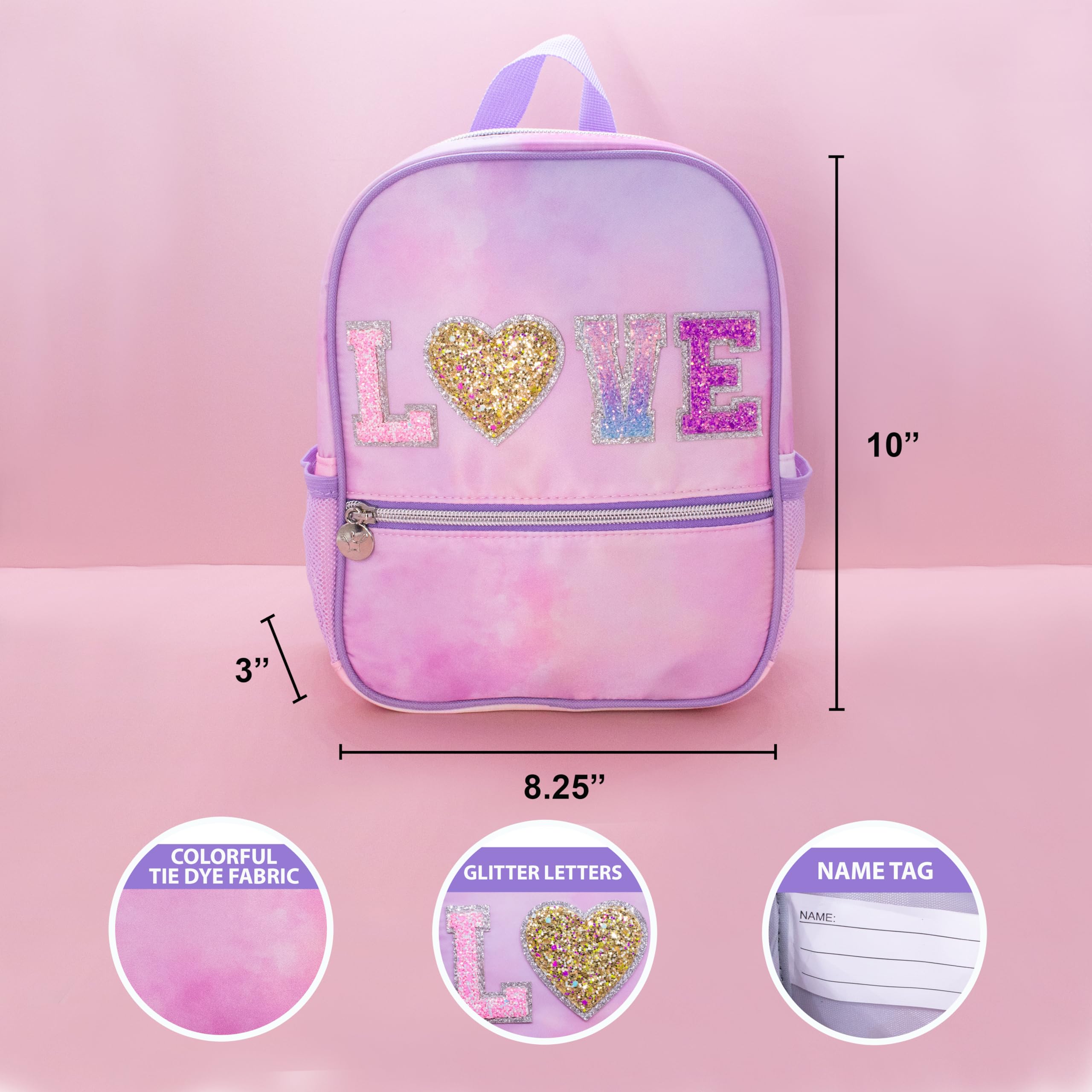 FROG SAC Mini Toddler Backpack for Girls - Pink Tie Dye Glitter Preschool Backpack, Small Daycare Bookbag for Little Girls - Perfect for School, Travel & Daily Use (LOVE - Tie Dye)