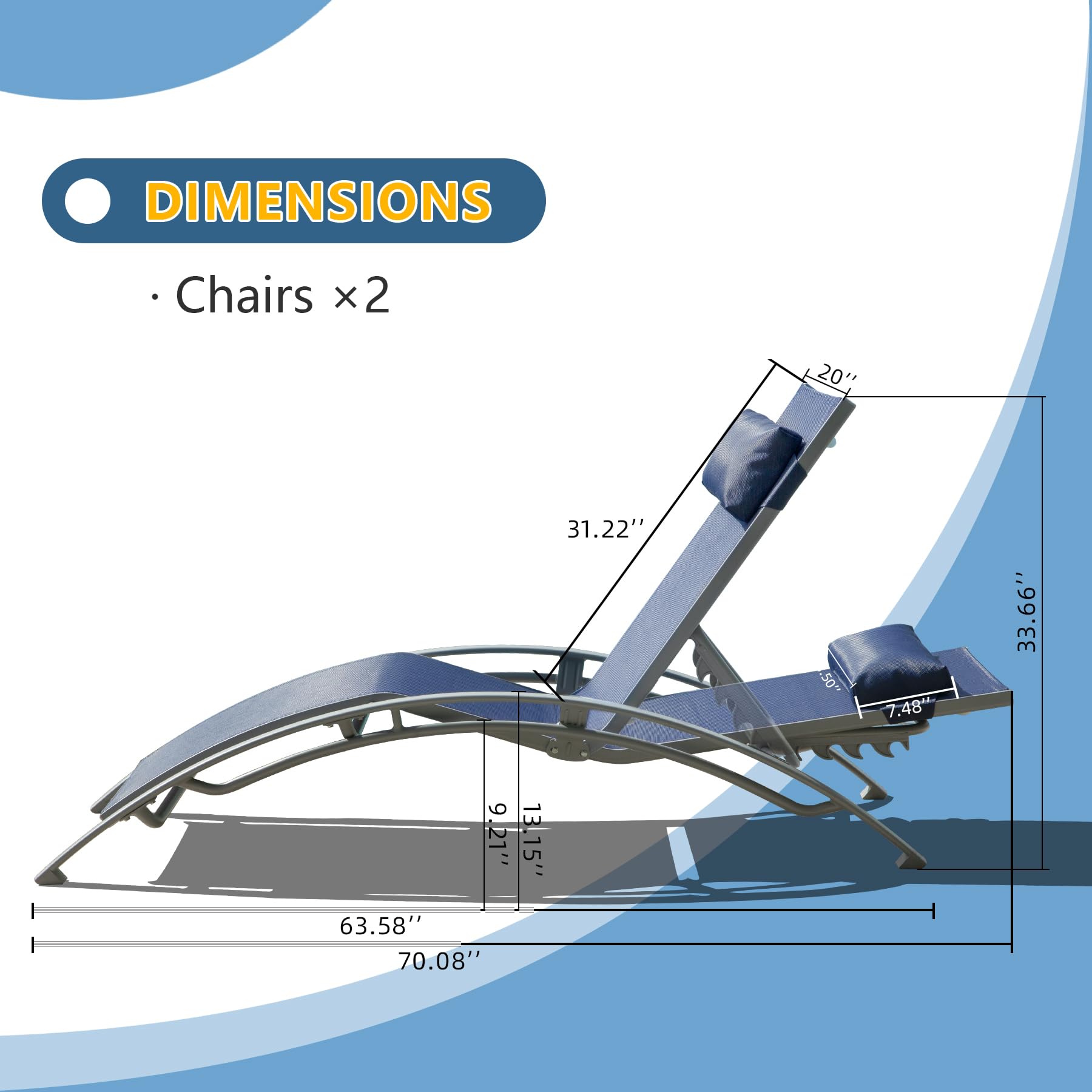 Domi 2-Pack Adjustable Aluminum Pool Lounge Chairs - All-Weather Outdoor Chaise Lounge Set for Deck, Lawn & Poolside - Navy Blue Textilene Fabric - Perfect for Sunbathing, Relaxing by the Pool or Backyard Lounging