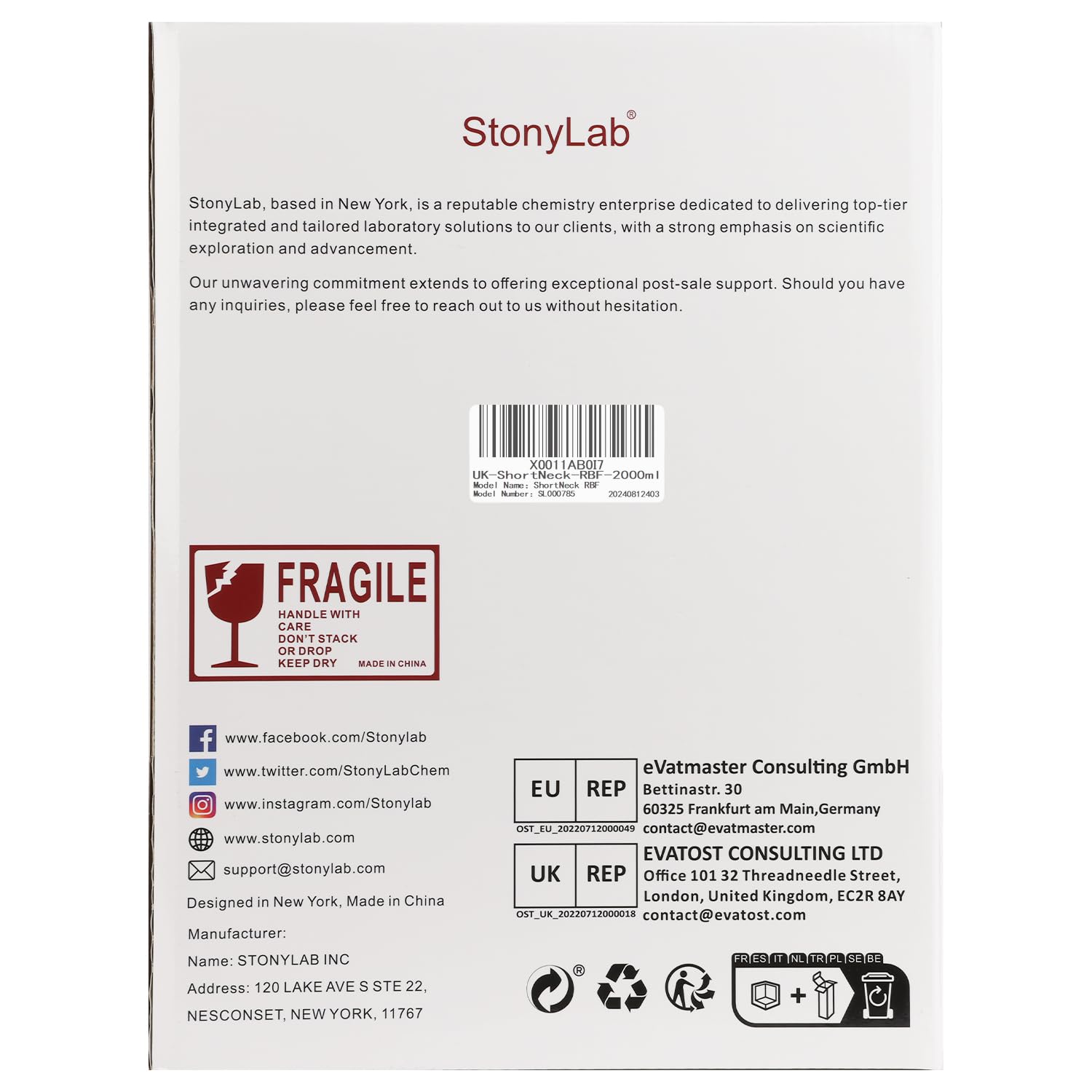 StonyLab 2000ml Borosilicate Glass Short Neck Round Bottom Flask - Heavy Wall Single Neck RBF with 24/40 Standard Taper Joint - Ideal for Chemistry Lab, Distillation & Scientific Experiments