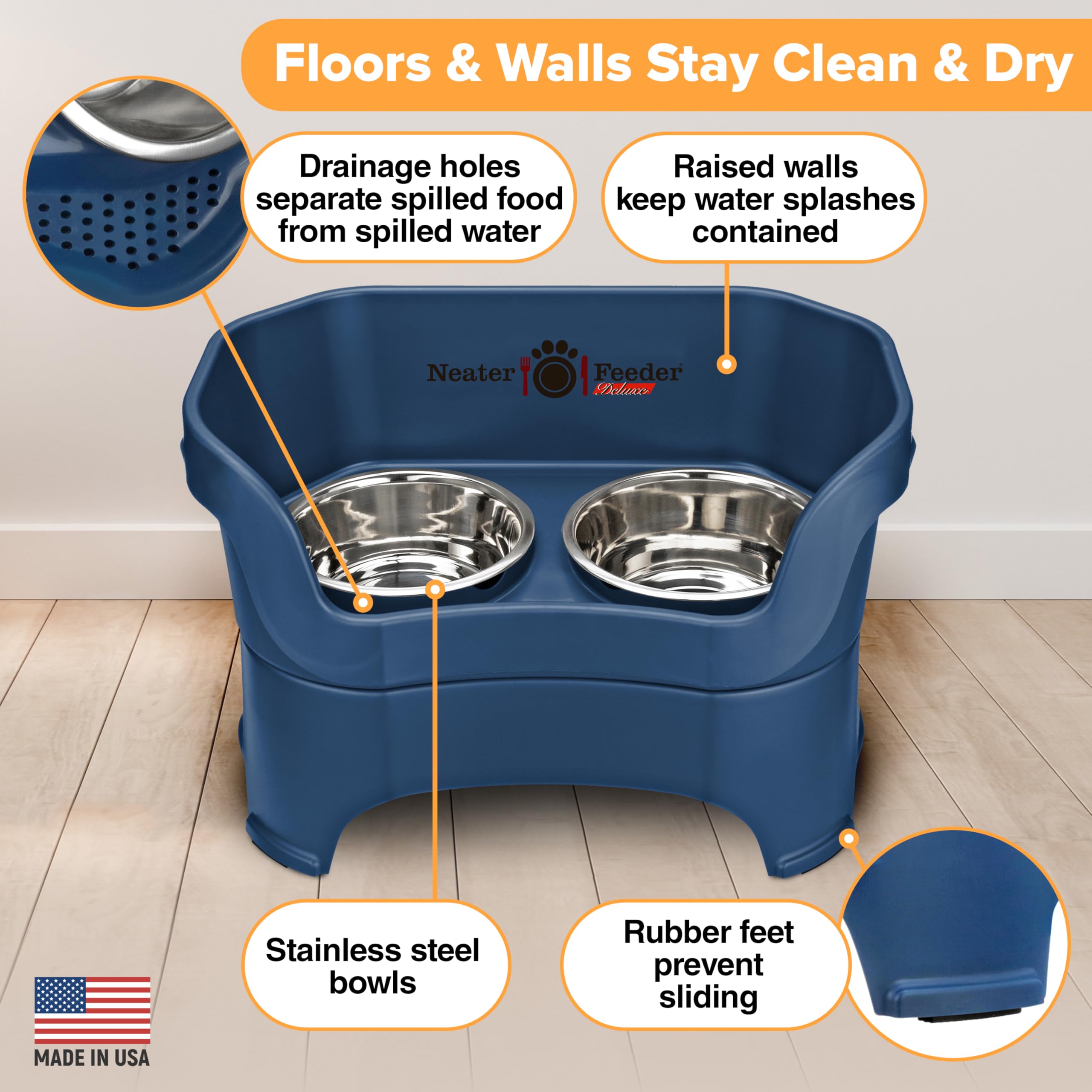 Neater Feeder Deluxe Elevated Dog Bowls for Large Breeds – No Spill Stainless Steel Pet Food & Water Bowl Set – Mess Proof Feeding Station (Dark Blue, Made in USA) – Perfect for Indoor/Outdoor Use & Easy Cleanup
