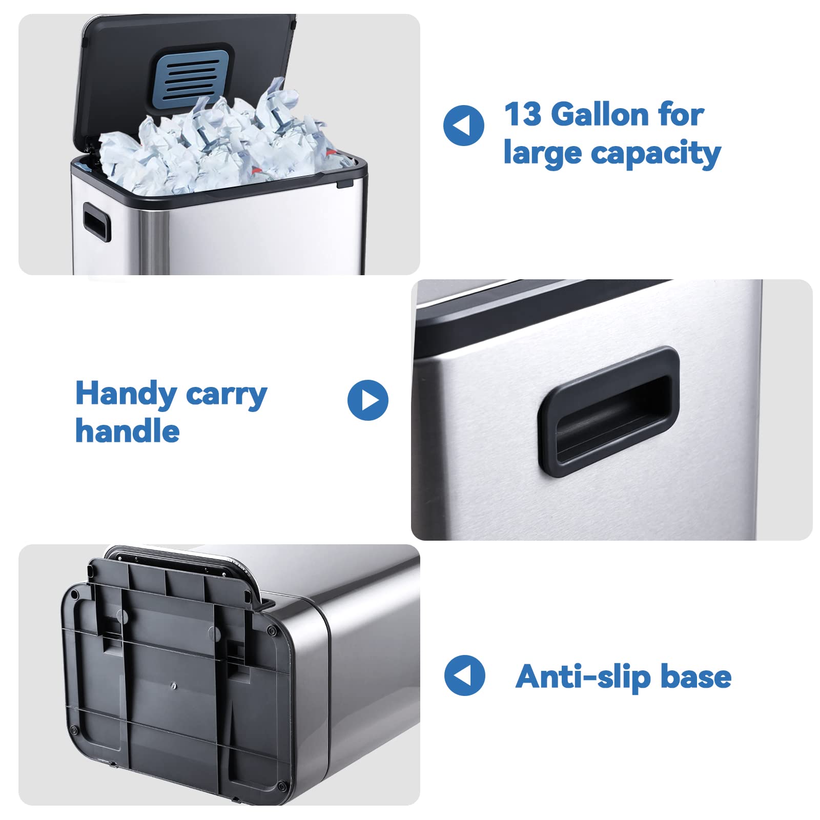 ELPHECO 13.2 Gallon Stainless Steel Trash Can with Soft Close Lid - 50L Pedal Garbage Bin, Removable Inner Bucket - Durable for Kitchen, Office & Outdoor Use - Perfect for Waste Disposal & Home Organization