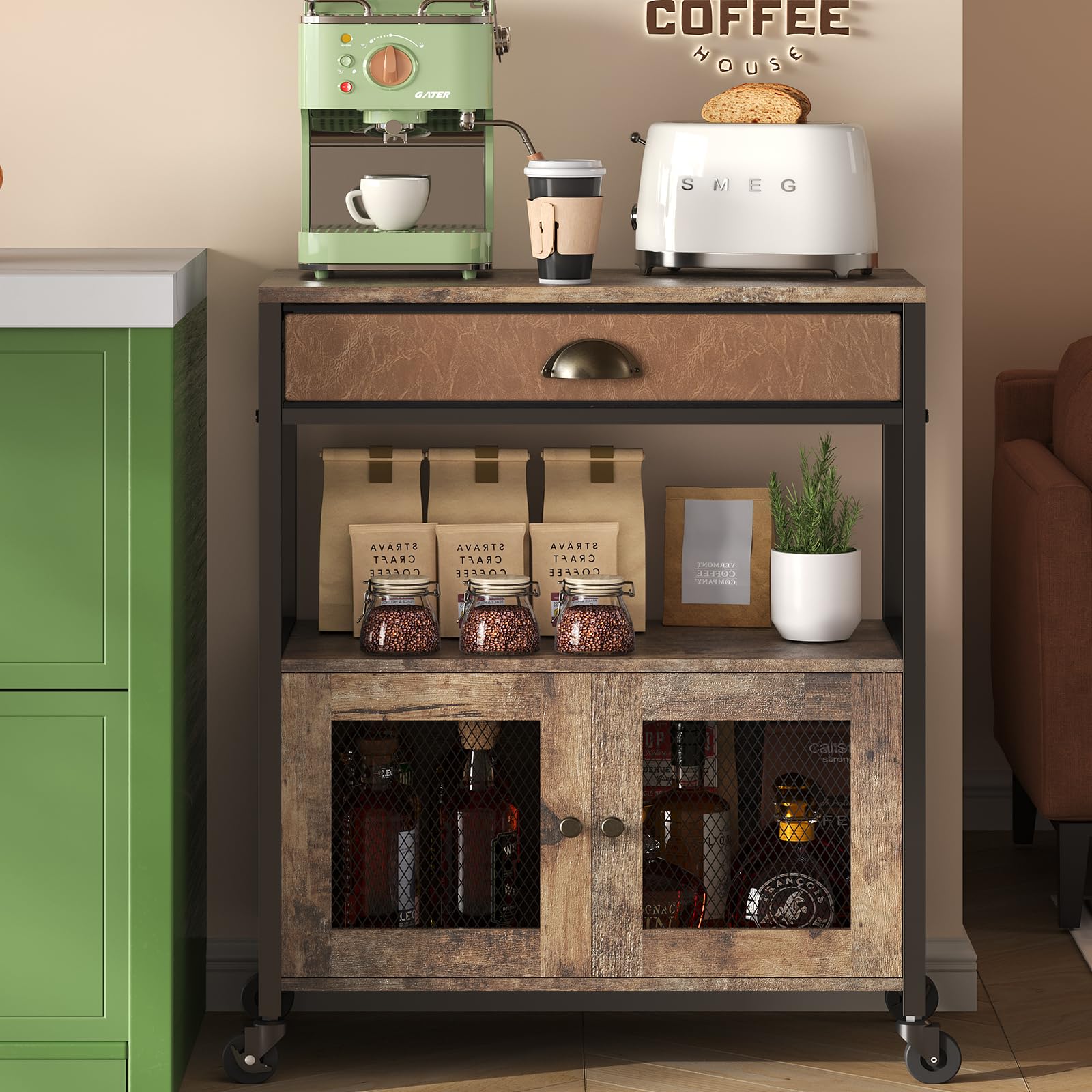 X-cosrack 3-Tier Rolling Coffee Bar Cabinet with Drawer - Farmhouse Style Mobile Kitchen Cart for Coffee Station, Living Room, Entryway & Dining Room - Perfect for Home Brewing, Entertaining & Small Space Storage