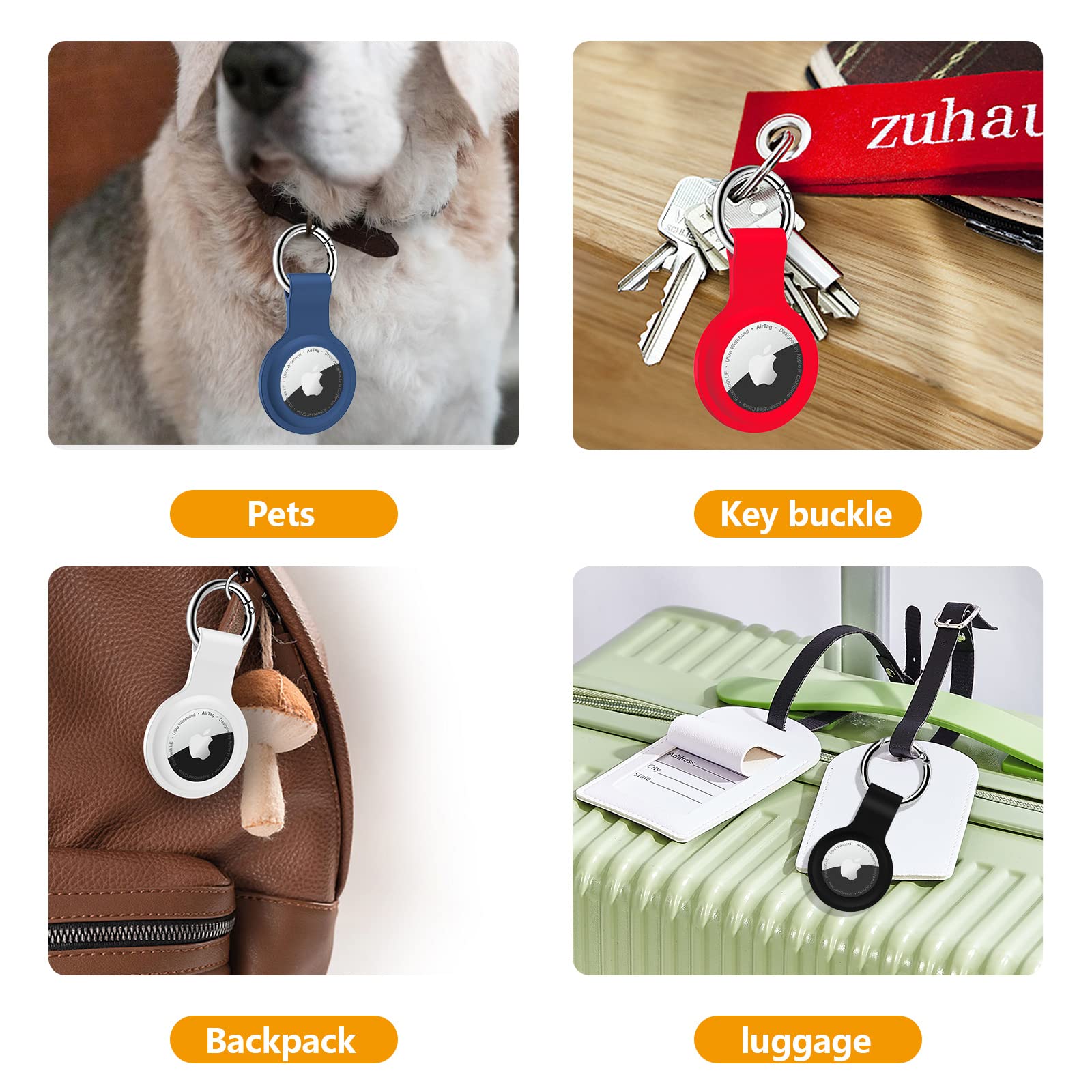 **QYQa Airtag Holder – 4 Pack Silicone Apple AirTag Keychain Case with Metal Keyring – Waterproof Luggage Tracker for Suitcase, Wallet, Keys, Pets & Valuables – Perfect for Travel, Hiking & Daily Use**