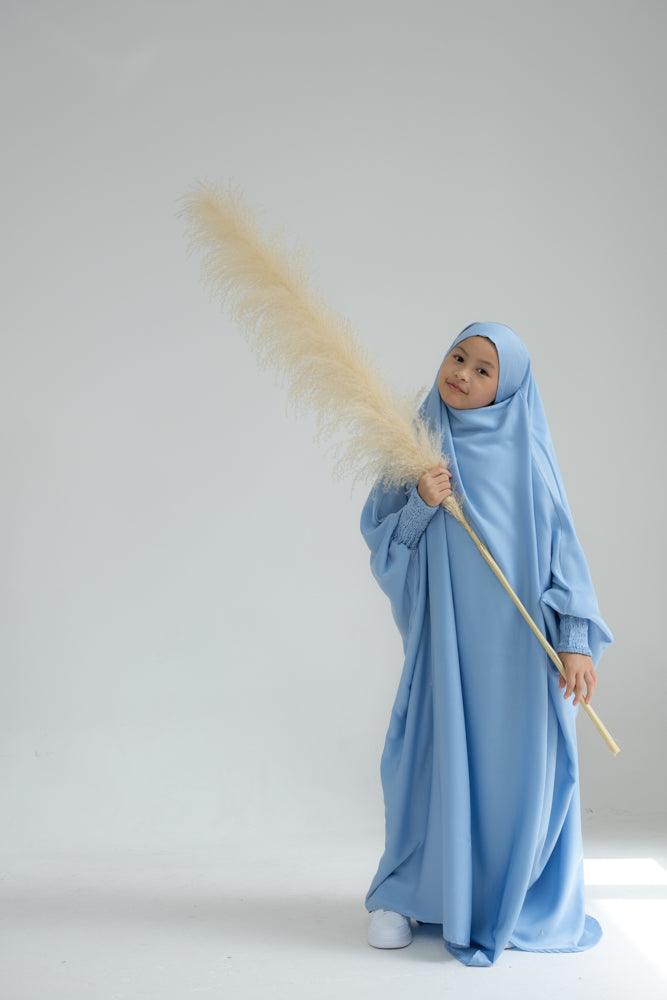 Little Gretaah Khimar Style Prayer Gown for Kids - Sky Blue with Ribbed Sleeve Cuffs | Perfect for Islamic Prayer, Eid Celebrations & Modest Dress