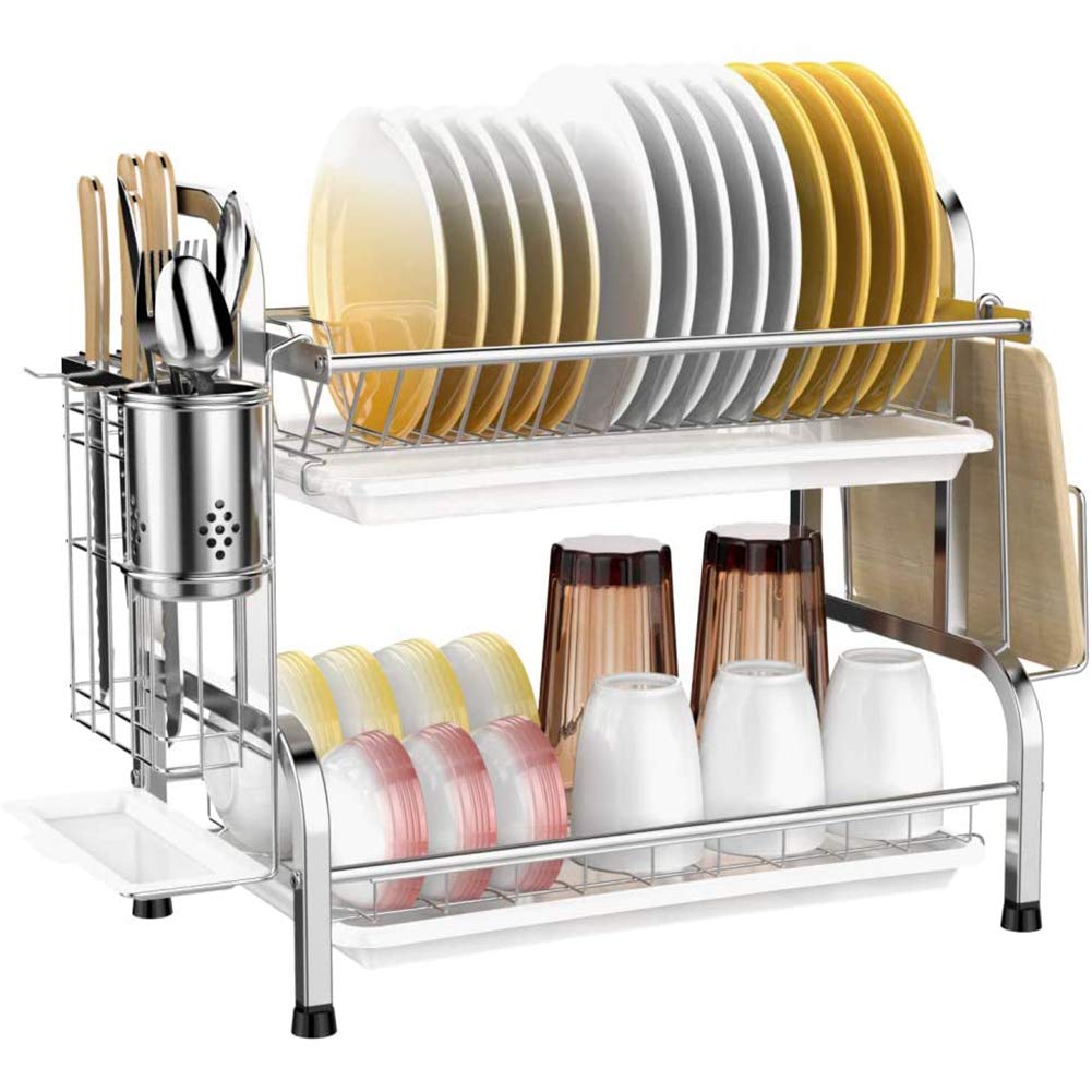 Premium 2-Tier Stainless Steel Dish Drying Rack with Removable Drain Board - 304 Steel Utensil & Cutting Board Holder for Kitchen Countertop | Space-Saving Kitchen Organizer for Dishes, Cups & Cookware