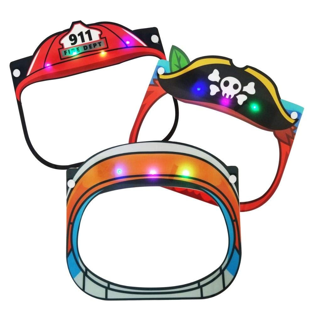 CUROFIT LED 3-Pack Kids Character Face Shield - Firefighter, Astronaut, Pirate Costume Accessory with Clear Visor, Comfortable Elastic Band & Sponge Padding | Perfect for Halloween, Role Play, Dress Up Parties & School Plays